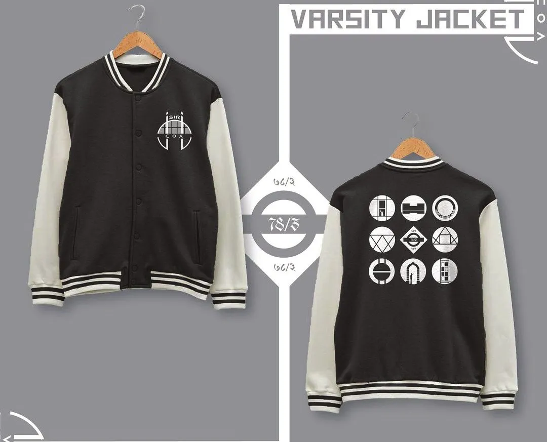 Merchandise board showing two printed t-shirts and a varsity jacket with embroidered icons