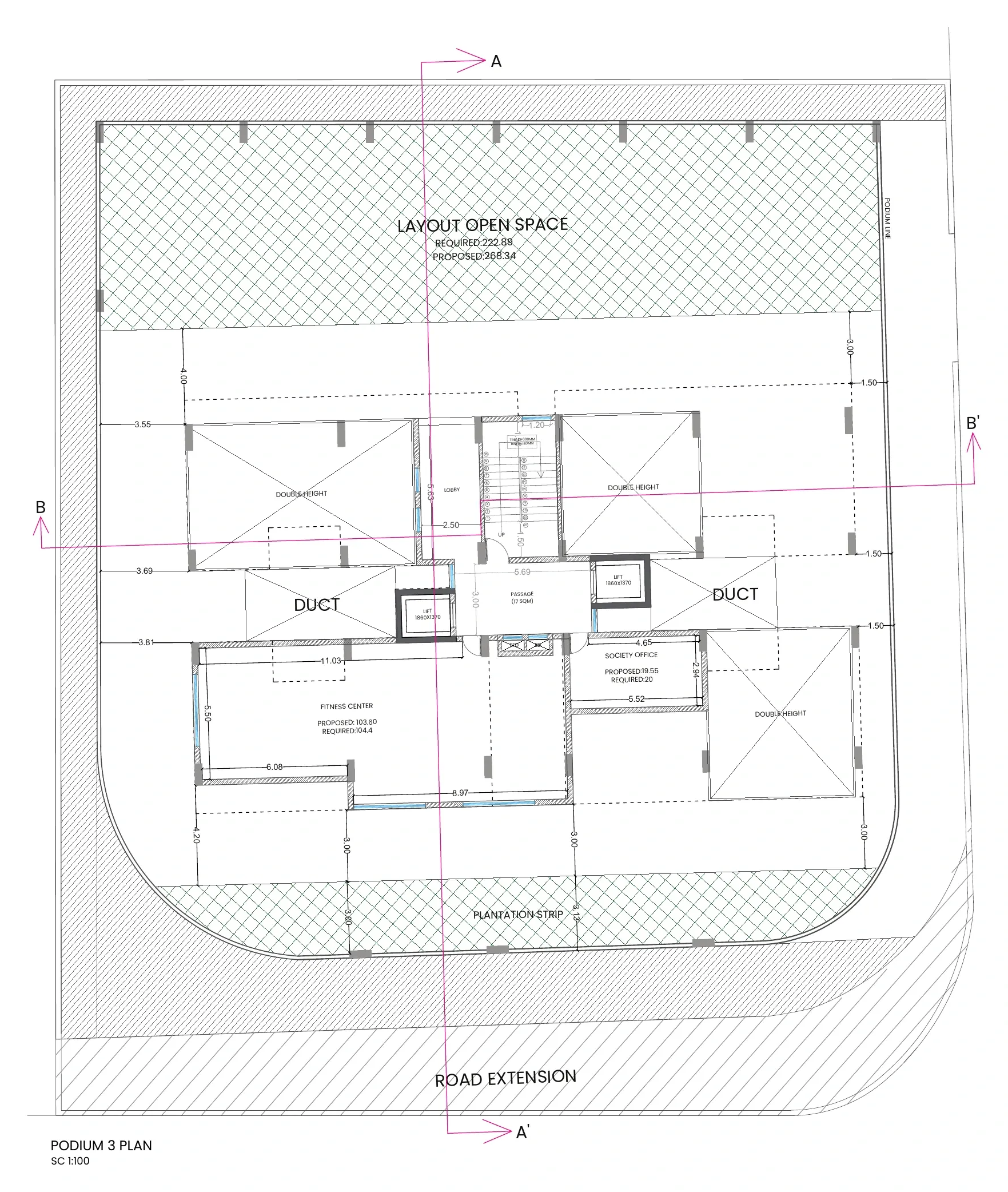 Podium level plan with the layout open space calculation, fitness centre, society office, lifts and double-height lobby