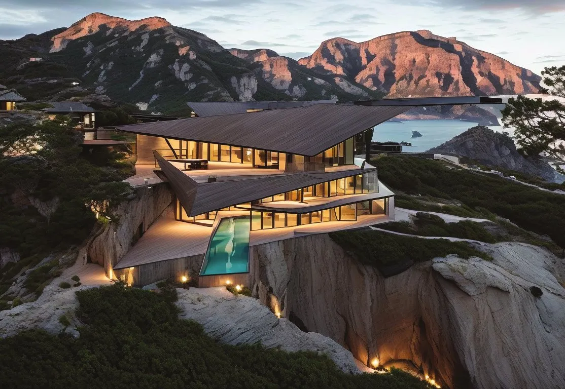 Render of the house at dusk, its angular timber roof planes cantilevered over a cliff above the sea, with mountains catching the last light behind