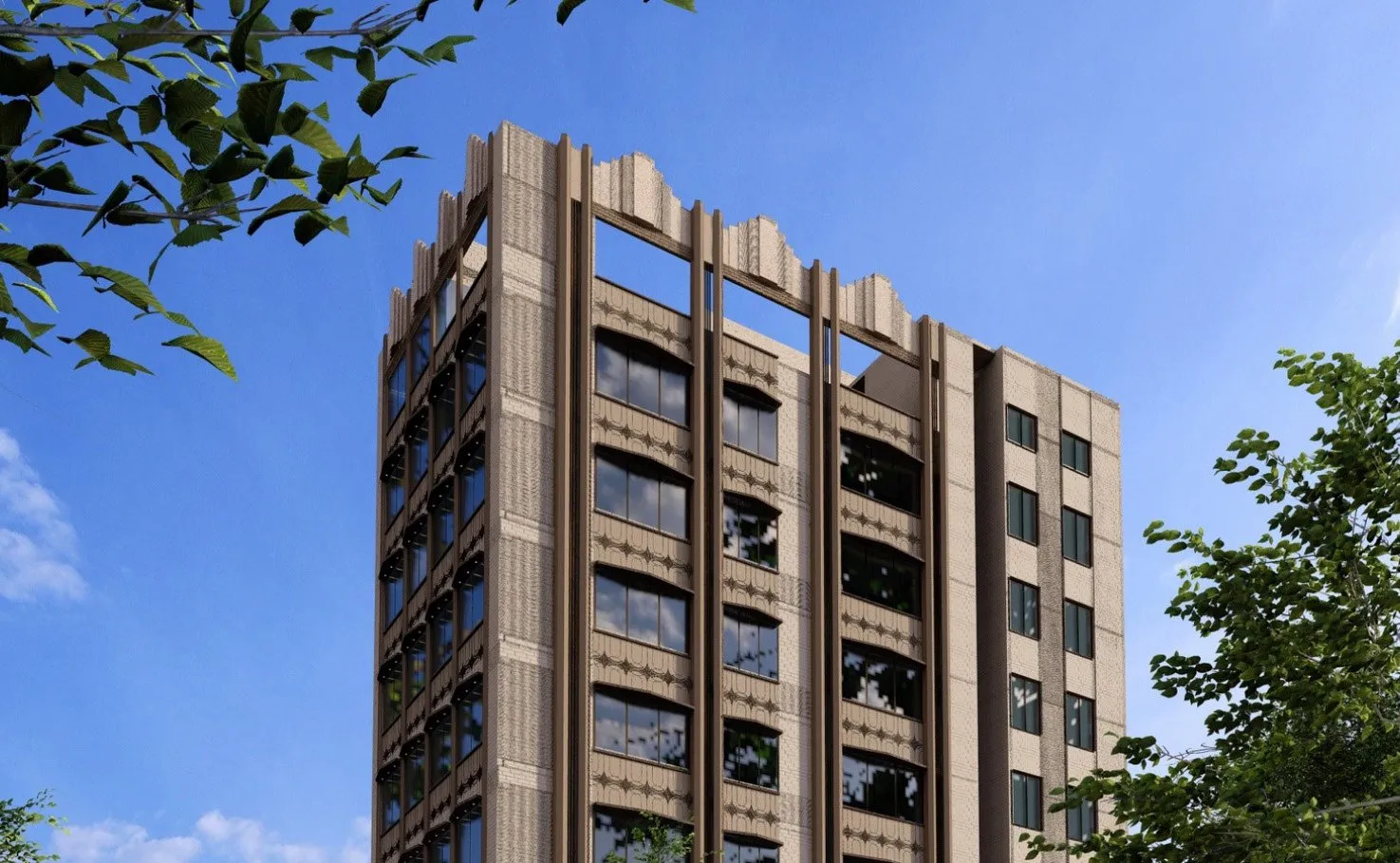 Render of the nine-storey building from the corner, stone pilasters running full height above a recessed ground floor