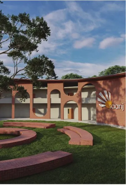 Render of the school courtyard with brick arches, curved seating around a large tree and a sunburst logo on the wall