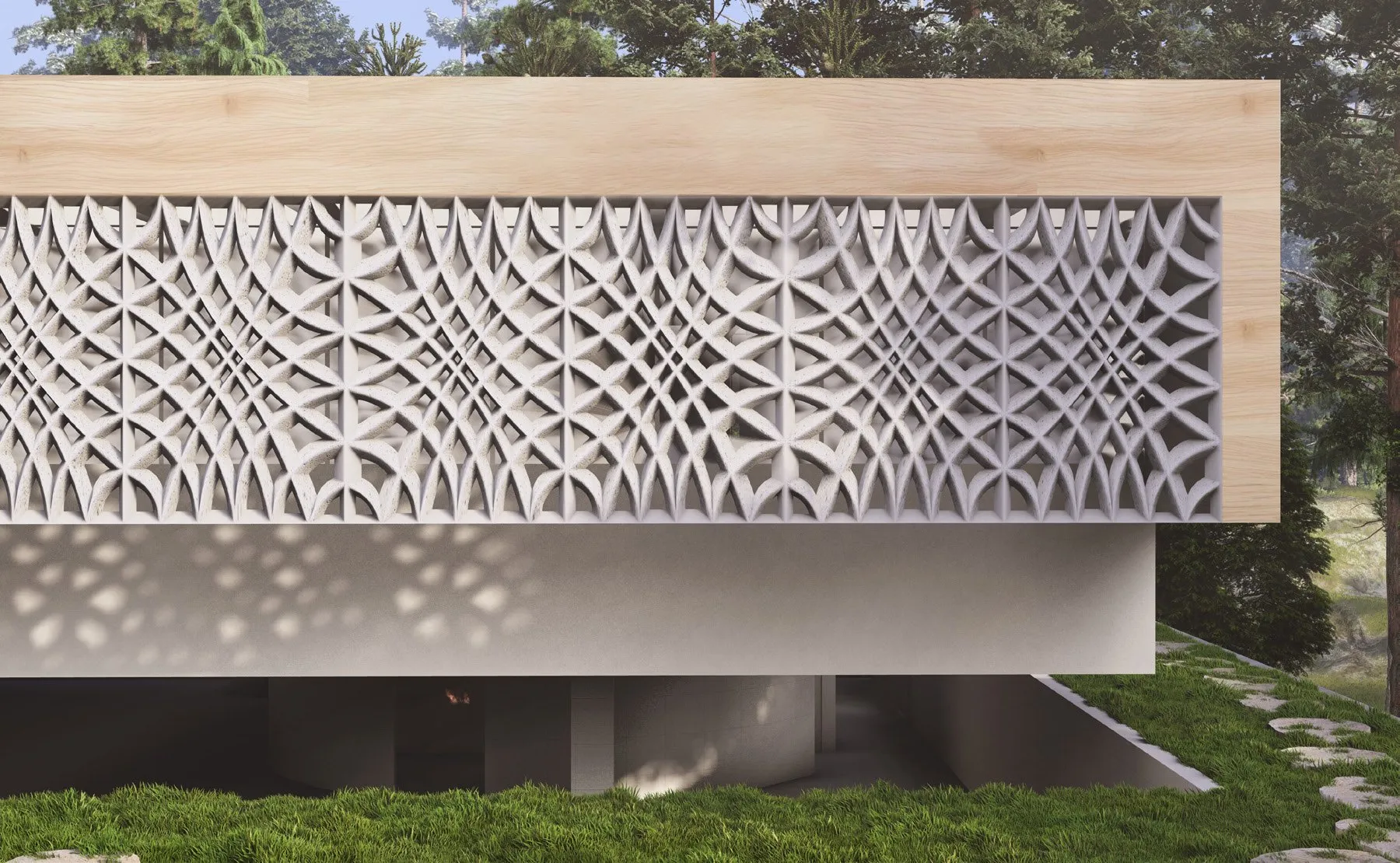 Close render of the perforated concrete jaali band wrapping a low building, sunlight passing through the pattern