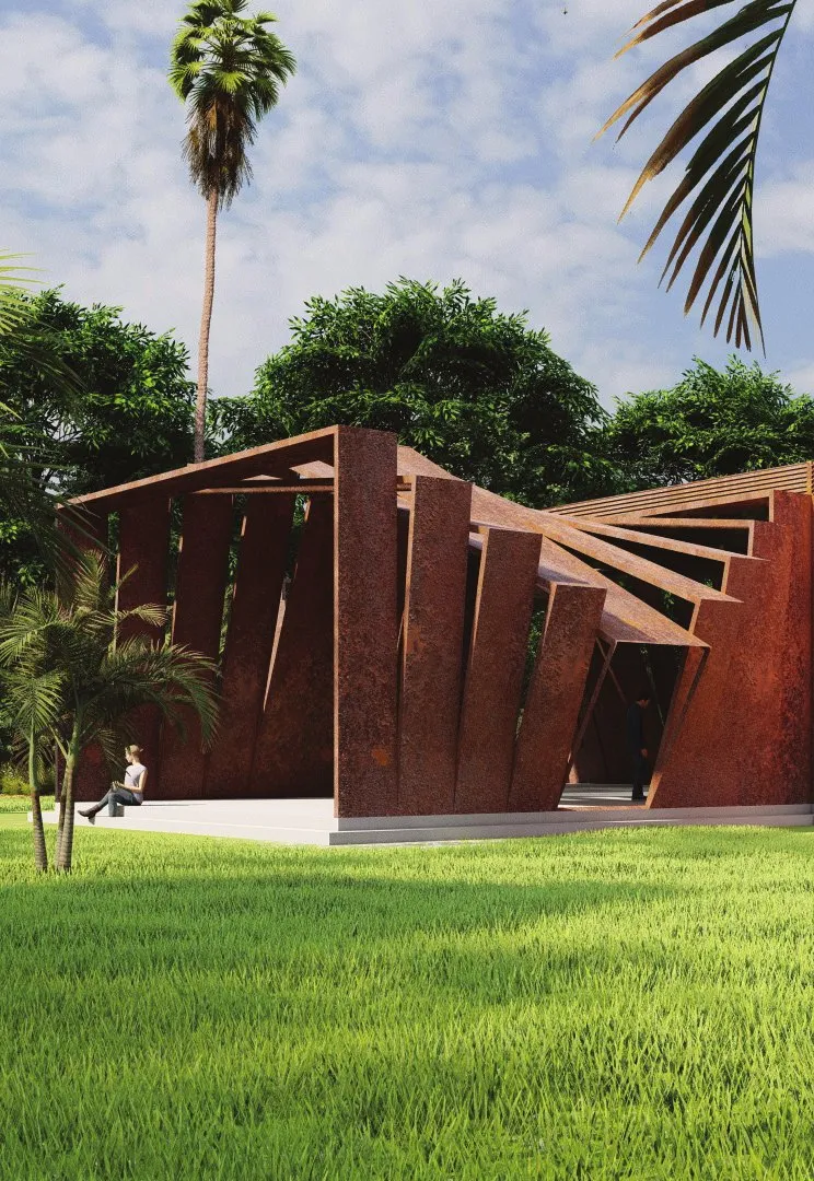 Render of the corten steel pavilion on a green maidan, its folded fin roof fanning out against palm trees