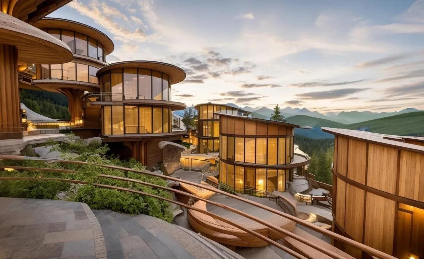 Render of the resort's round timber-clad cottage pods stepping down a wooded hillside at sunset
