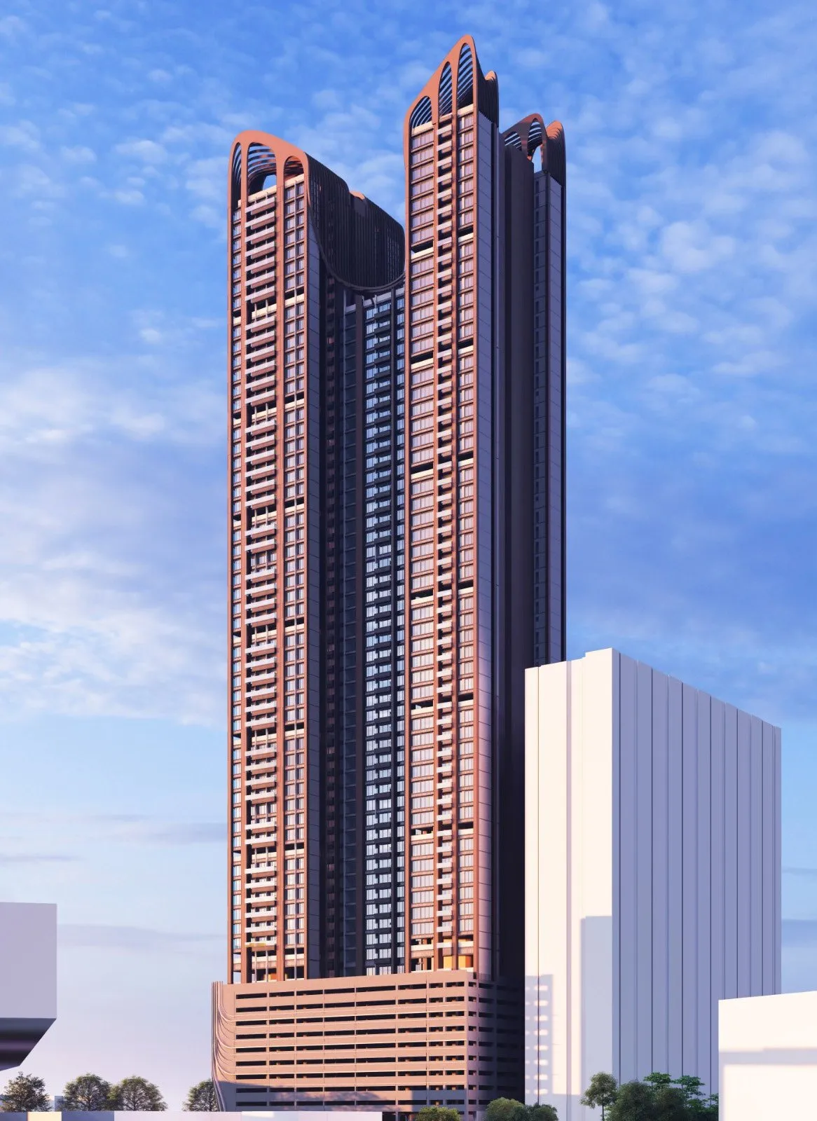 Render of the twin-winged tower rising above its neighbours, its crown curving inward at the top