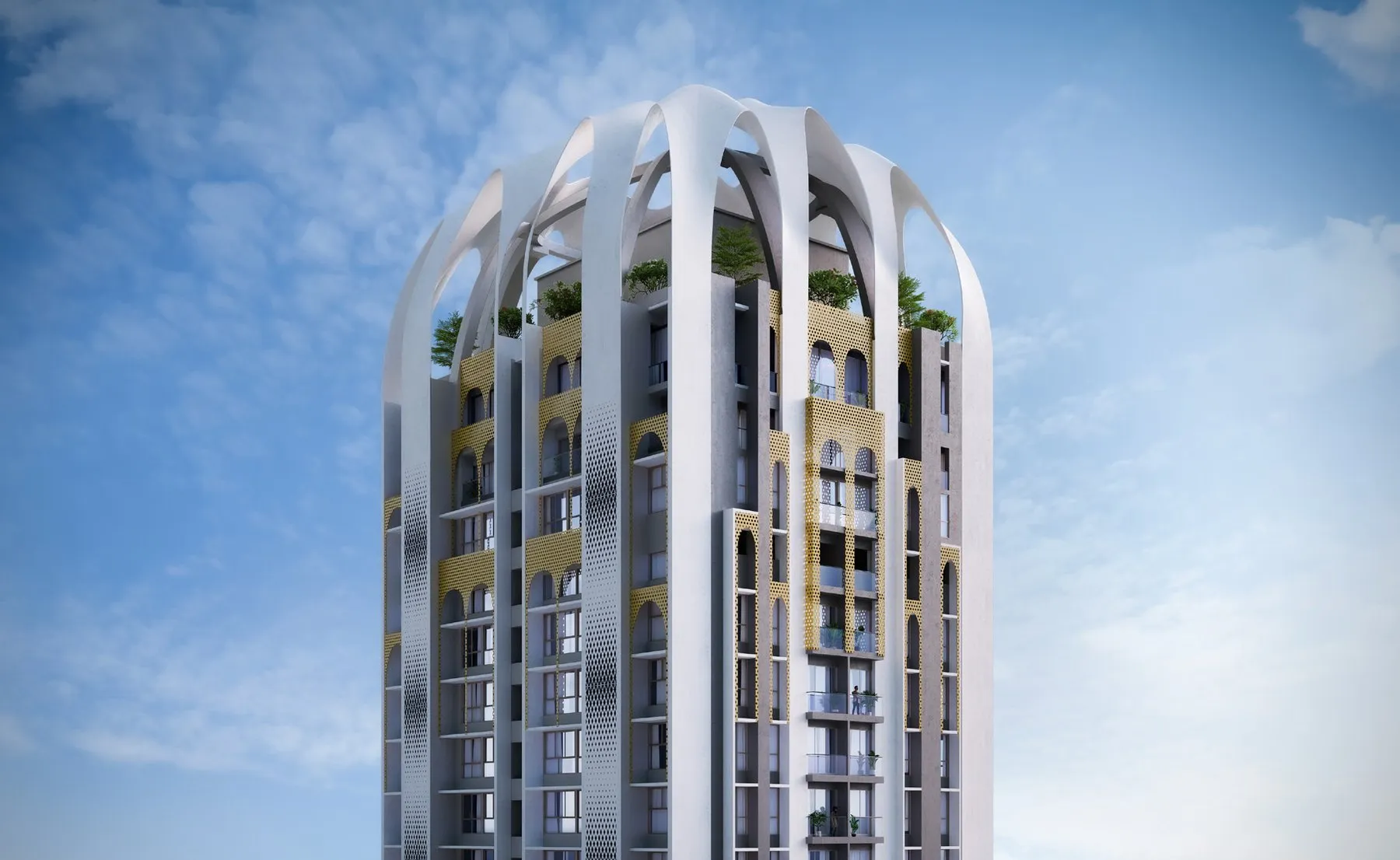 Render of the tower's crown, white fins curving over planted terraces against a blue sky