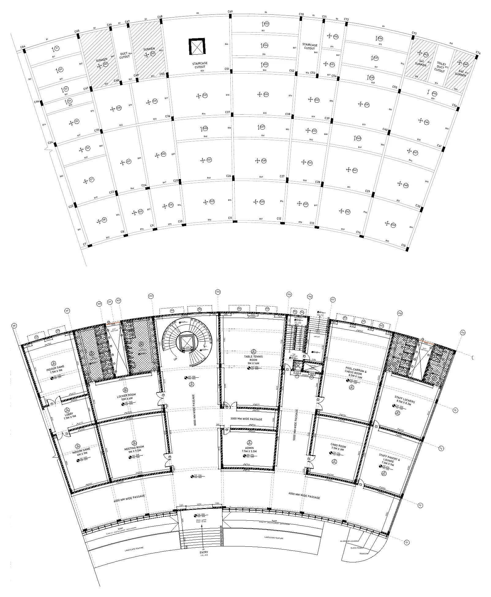 Structural plan showing numbered columns, beams and slabs, with column, beam and slab schedules and general notes on concrete grades and plaster