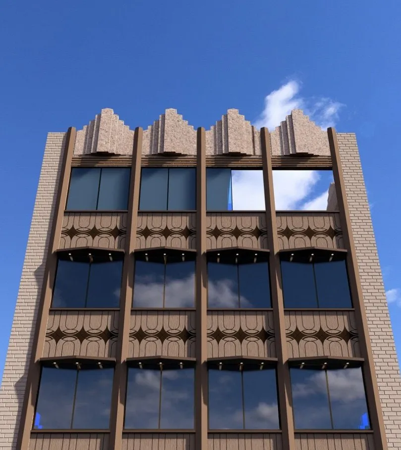 Render looking up the front elevation at the stepped crown and arched spandrels