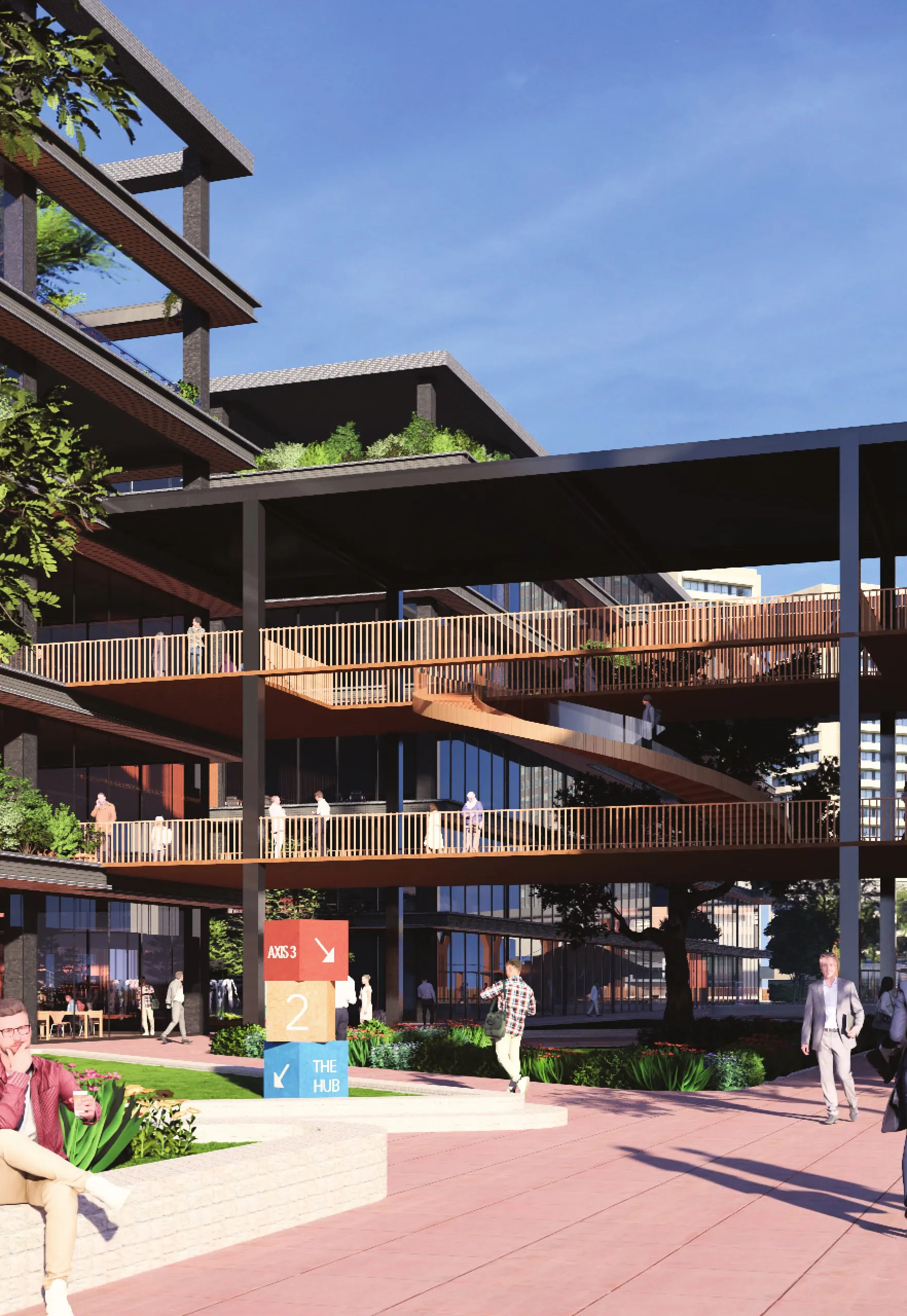 Render of the campus plaza, with planted terraces stepping back from a pedestrian street and people sitting under the canopy