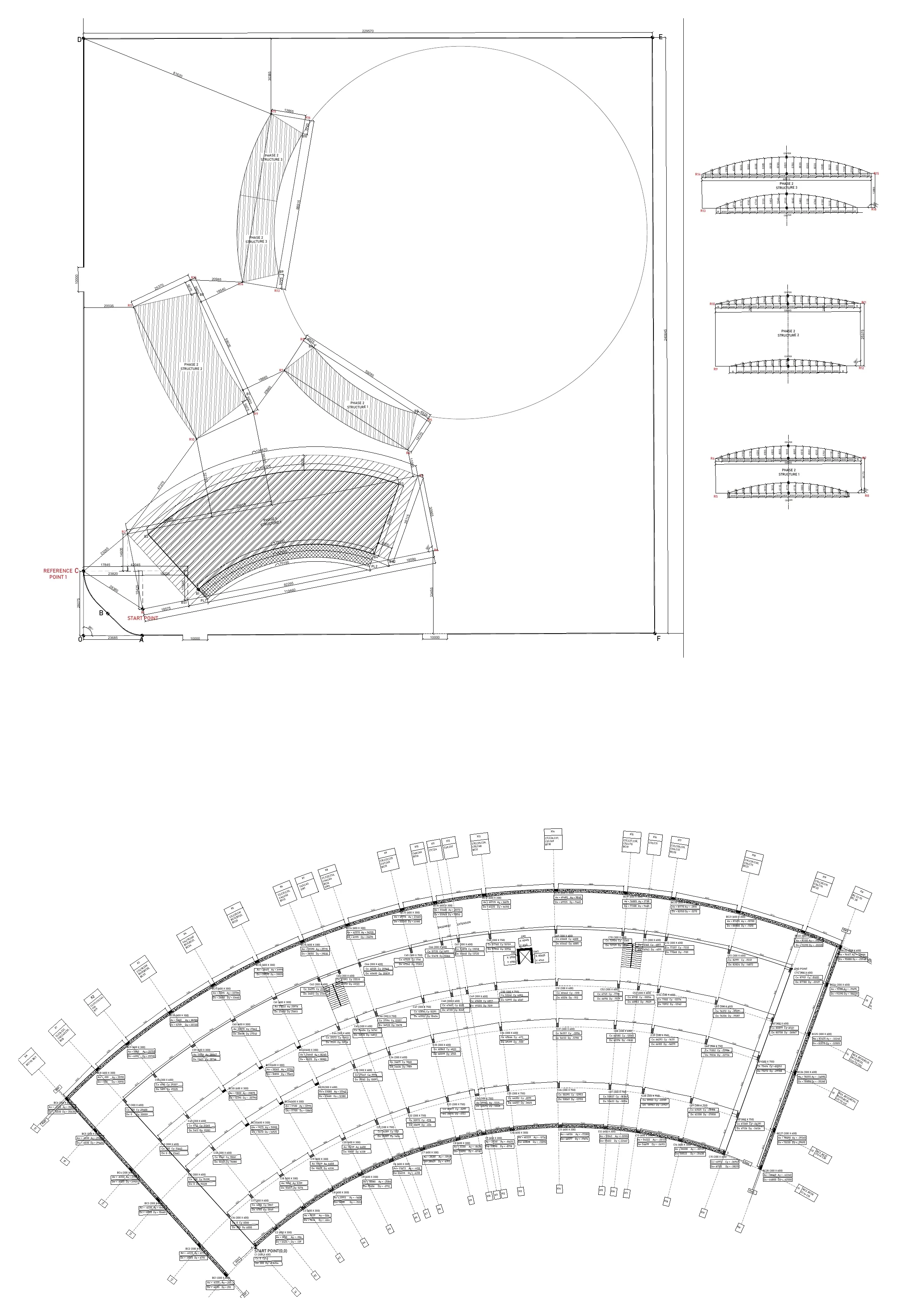 Setting-out plan with dimensioned grid lines and reference points for the curved building envelope
