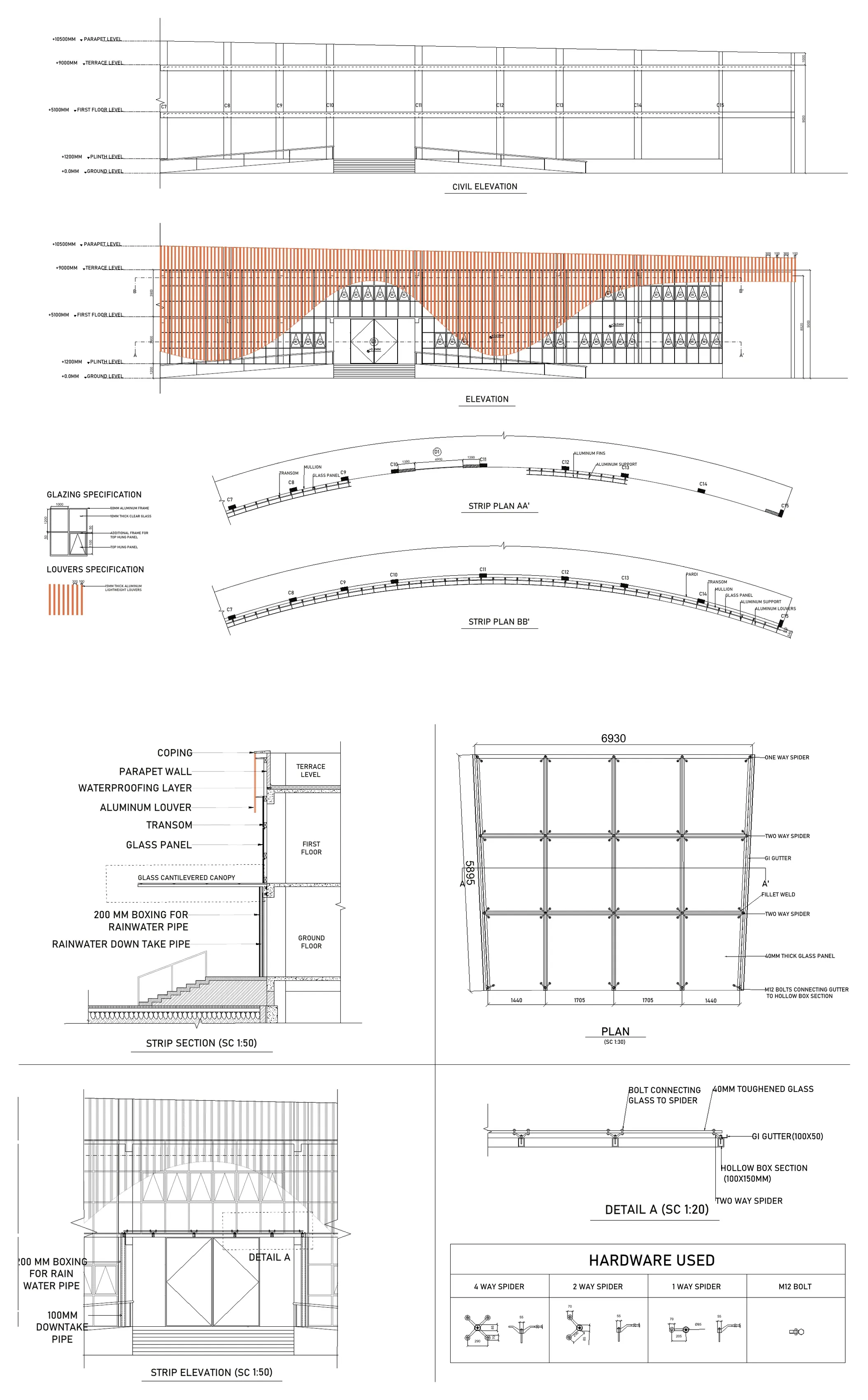 Civil elevation and strip plans with door and window schedules, glazing specification and louvre specification