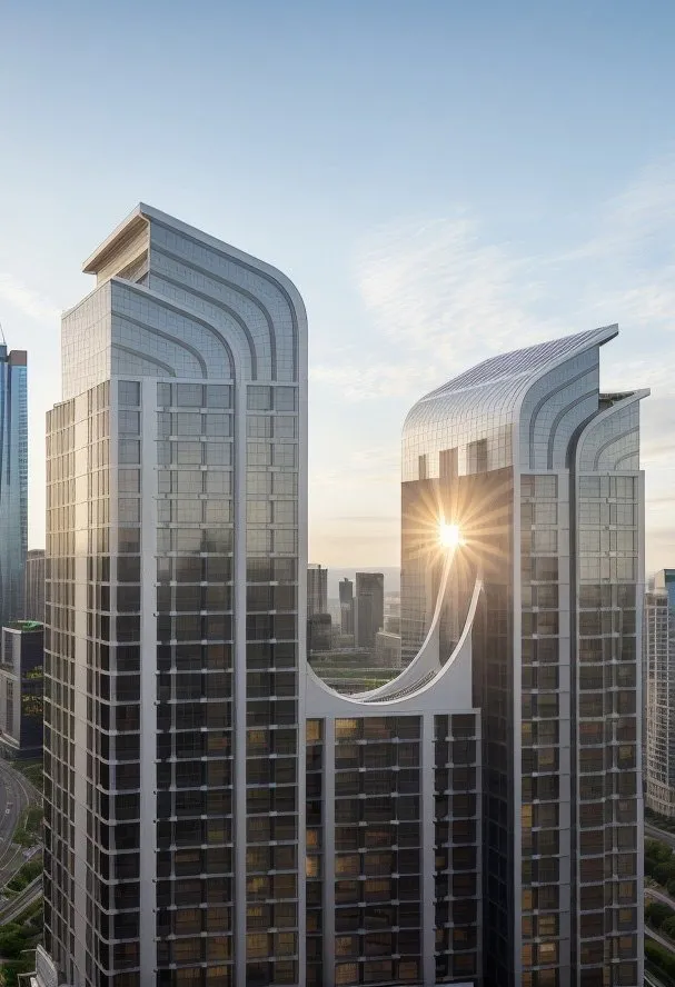 Render of the crown catching low sun between neighbouring towers