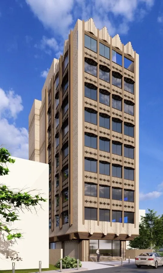 Render of the whole building from the street with cars at the entrance