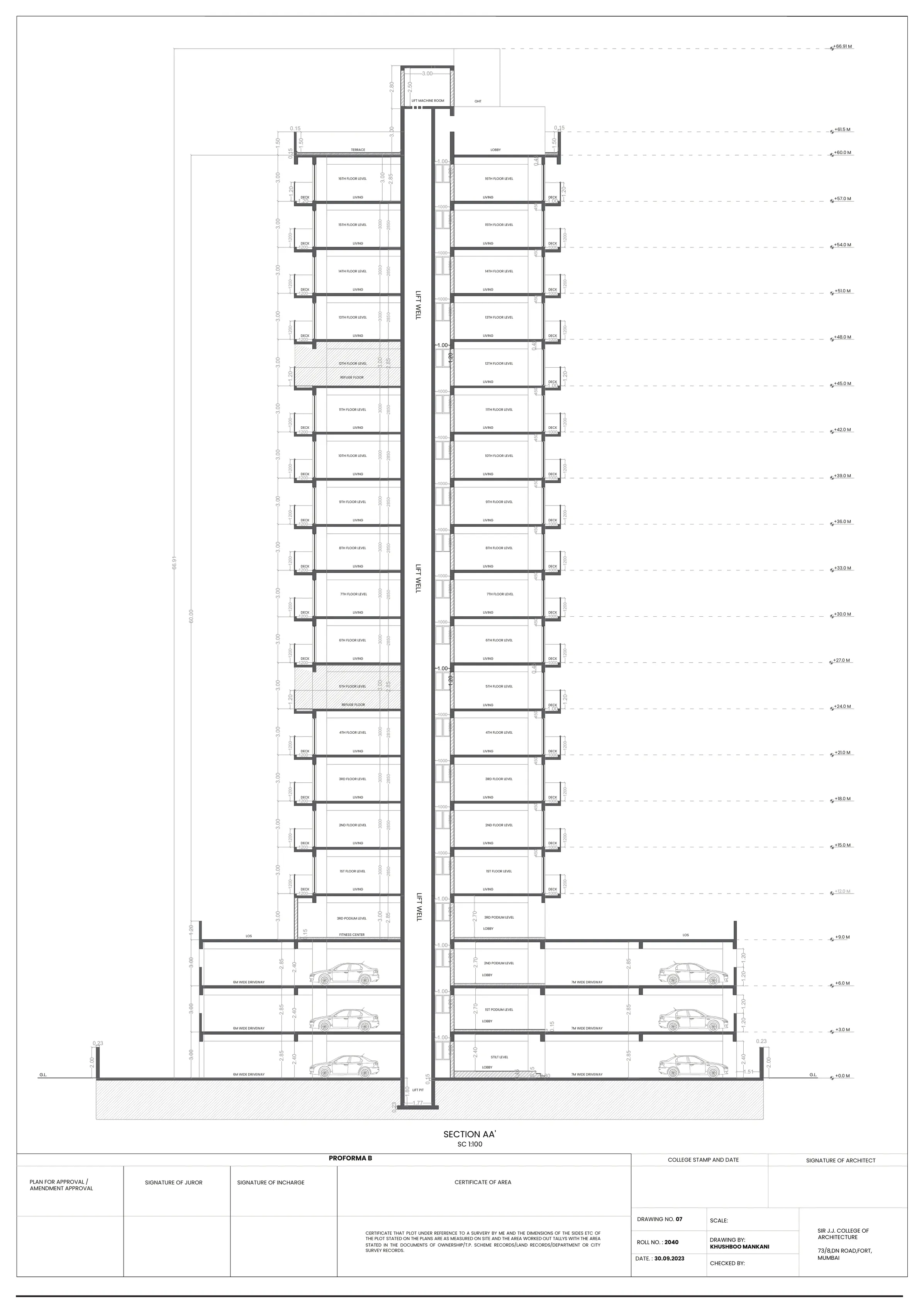 Section through the sixteen-storey tower showing every floor level, refuge floors, decks and the overhead tank