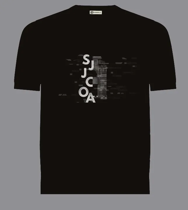 Black t-shirt printed with a vertical SJJCOA wordmark
