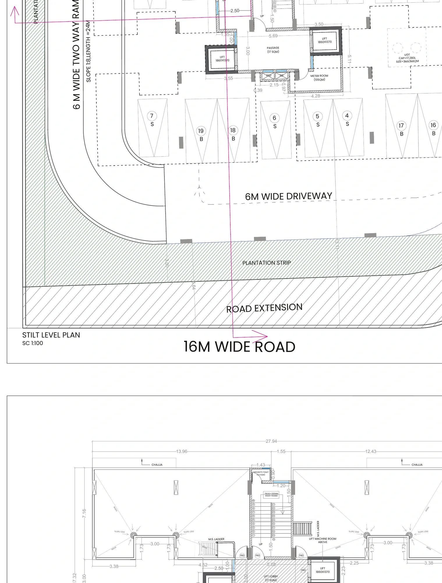 Enlarged block plan showing driveway widths, plantation strip, road extension and the stilt level
