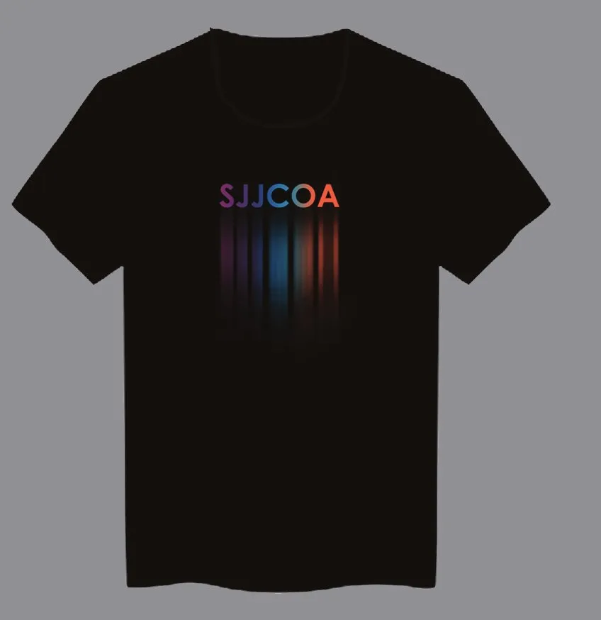 Black t-shirt printed with the SJJCOA wordmark over a coloured spectrum of vertical bars