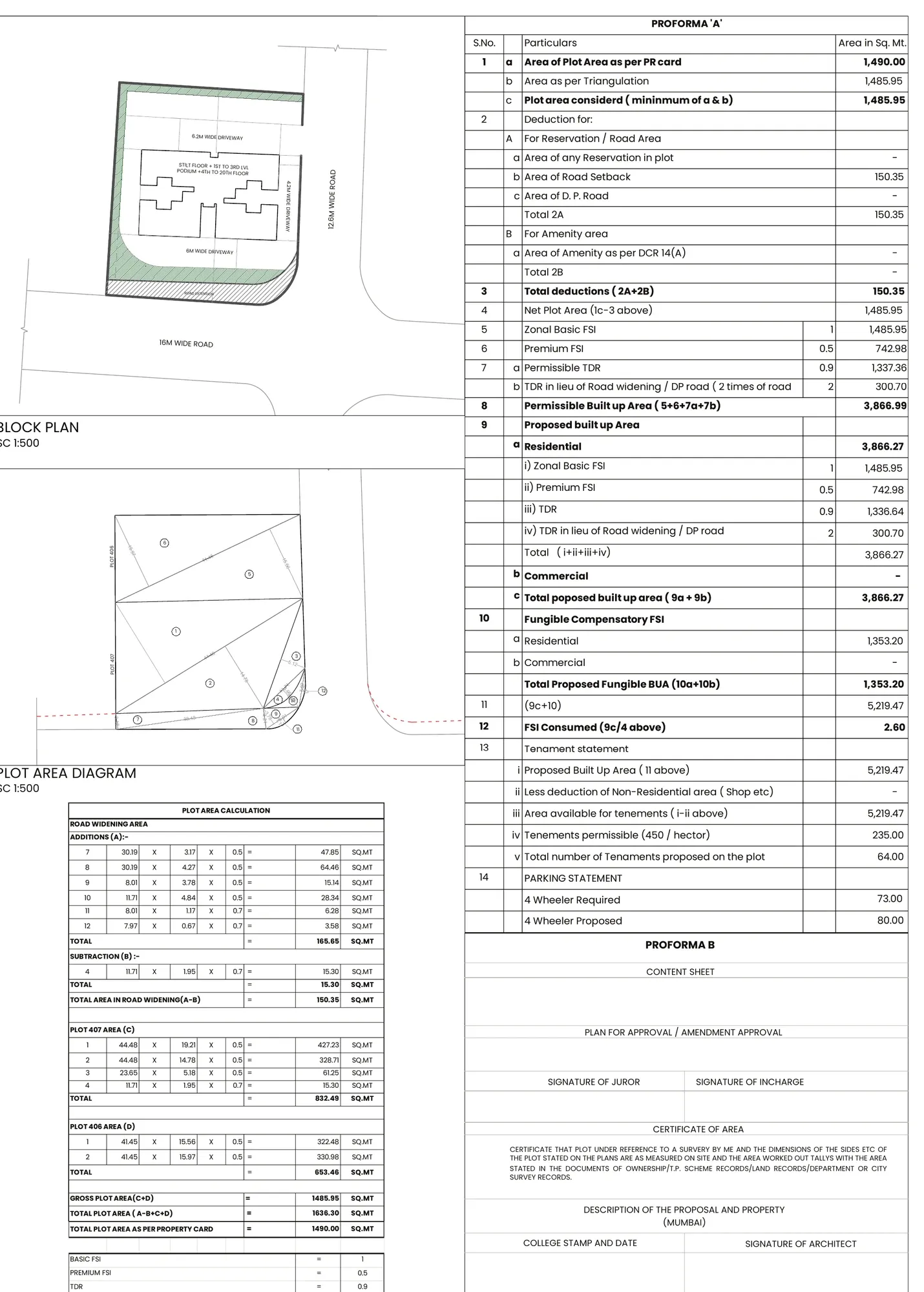Area statement table listing plot area, deductions, net plot area, permissible and proposed built-up areas and parking provision