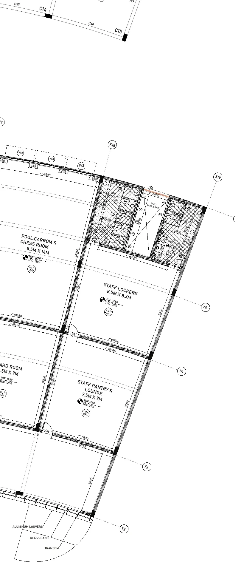 Enlarged portion of the structural plan showing dimensioned bays and schedules