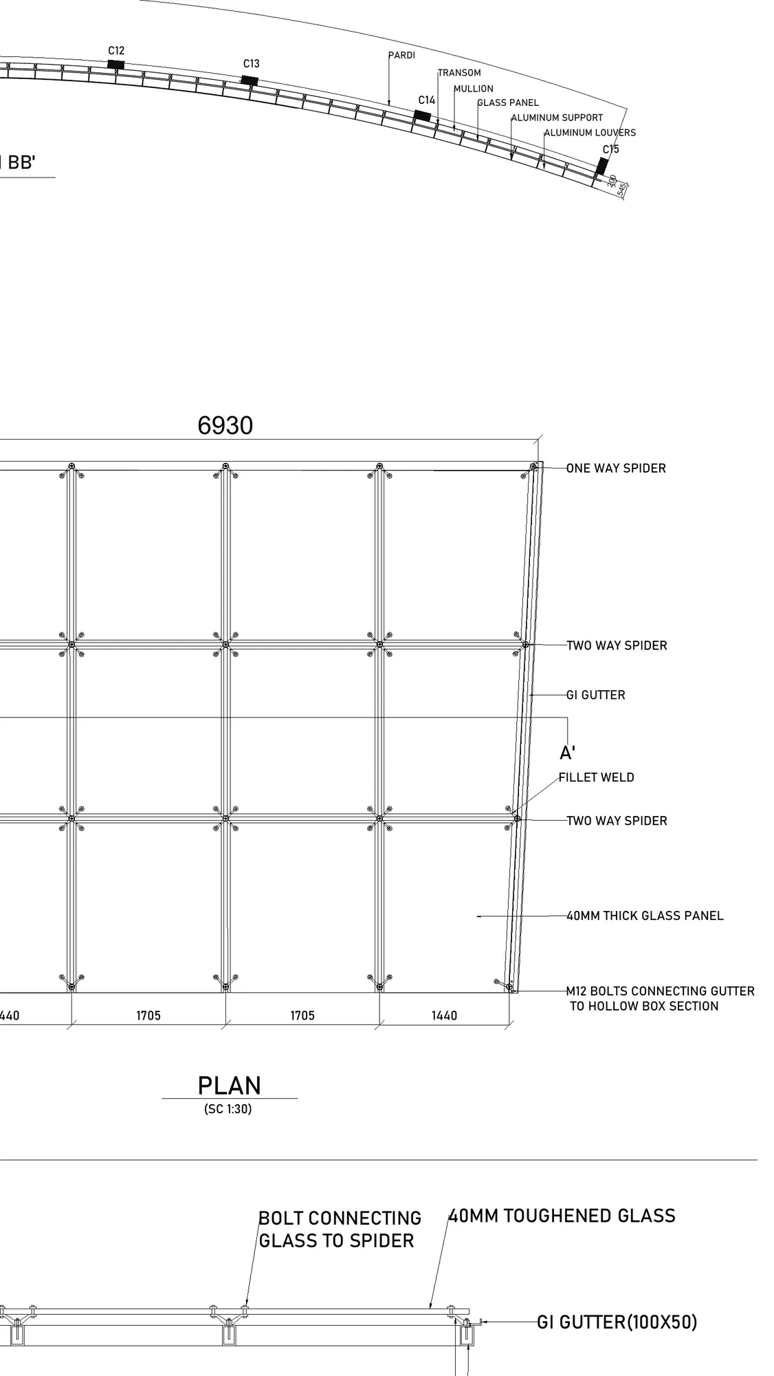 Glazing detail with a 50 mm aluminium frame, 10 mm clear glass, mullion, transom and top-hung panel