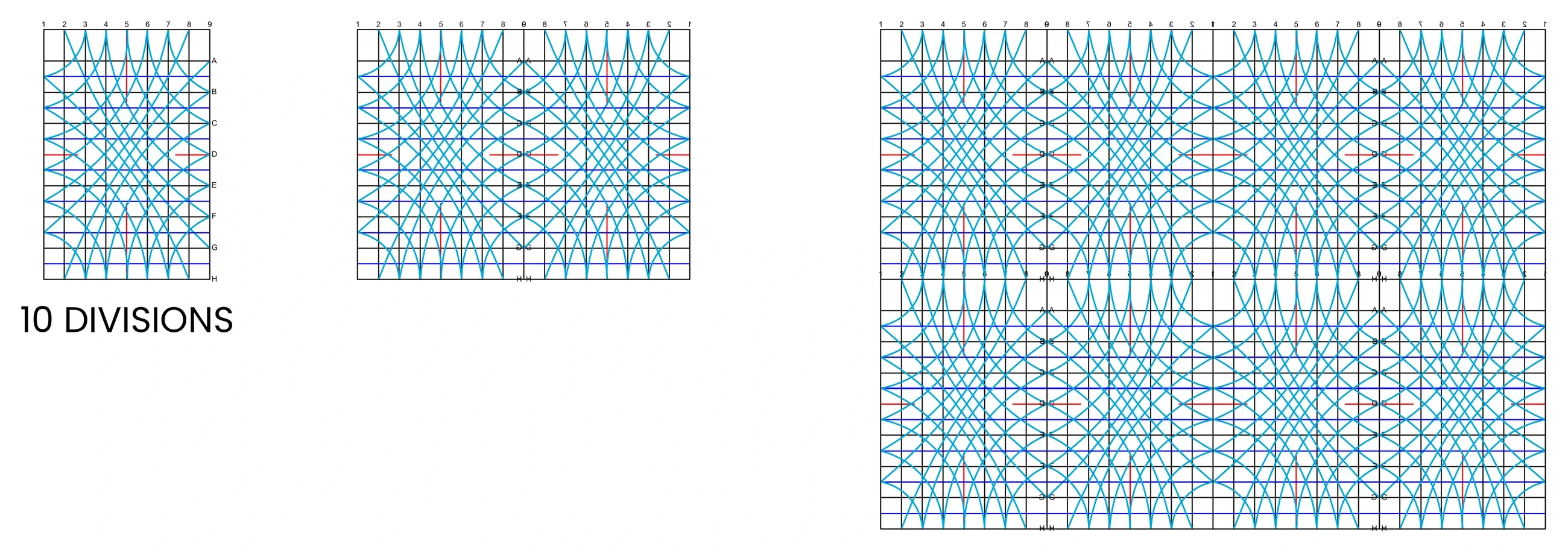 Concept geometry at ten divisions, a grid of intersecting arcs on one panel, two panels and six panels
