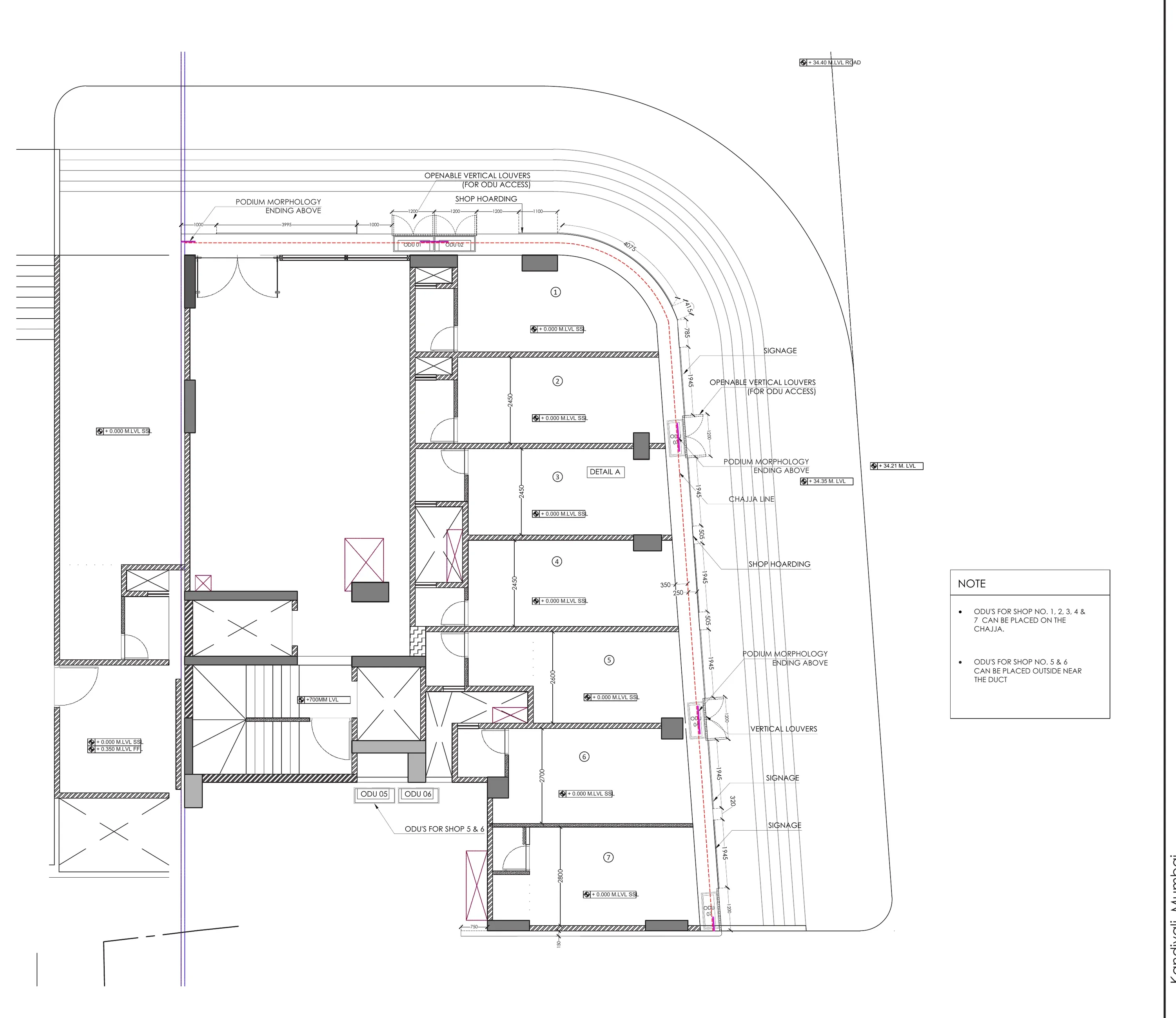 Podium plan with the shops numbered, signage positions, louvre openings and outdoor units marked