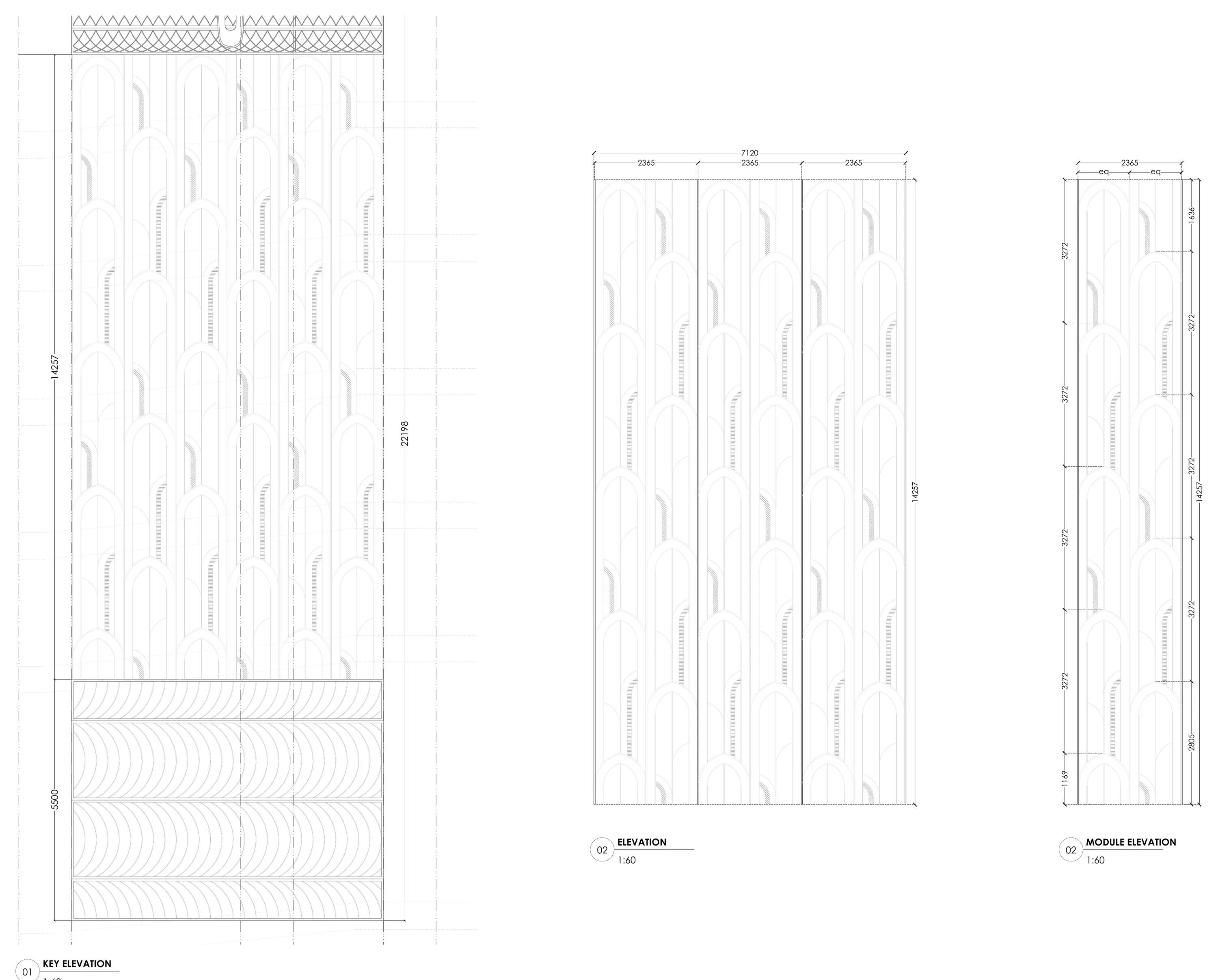 Key elevation, elevation and module elevation of the arched jaali, part B, fully dimensioned