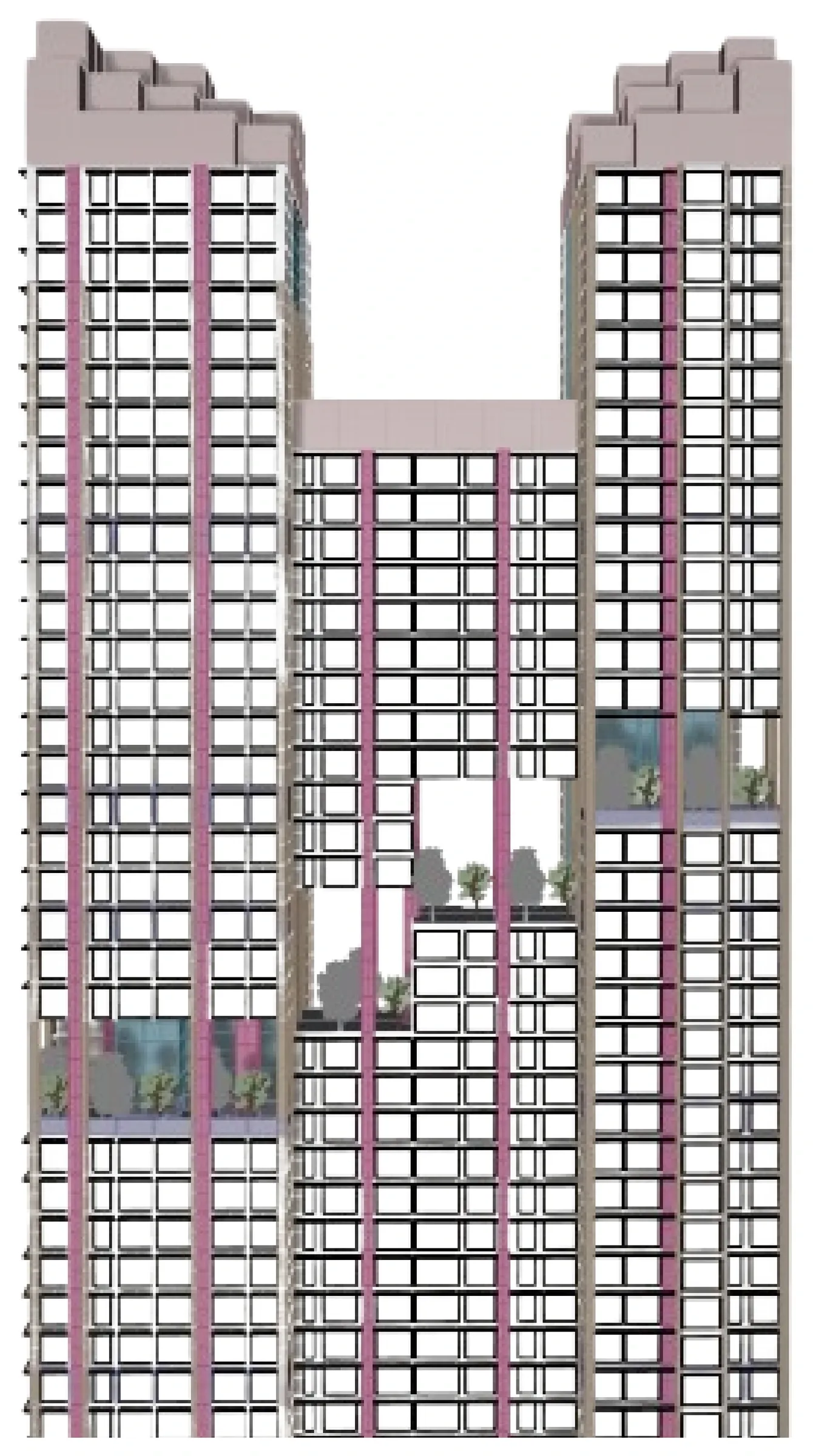 Massing option one, a straight twin tower with terraces cut into the mass