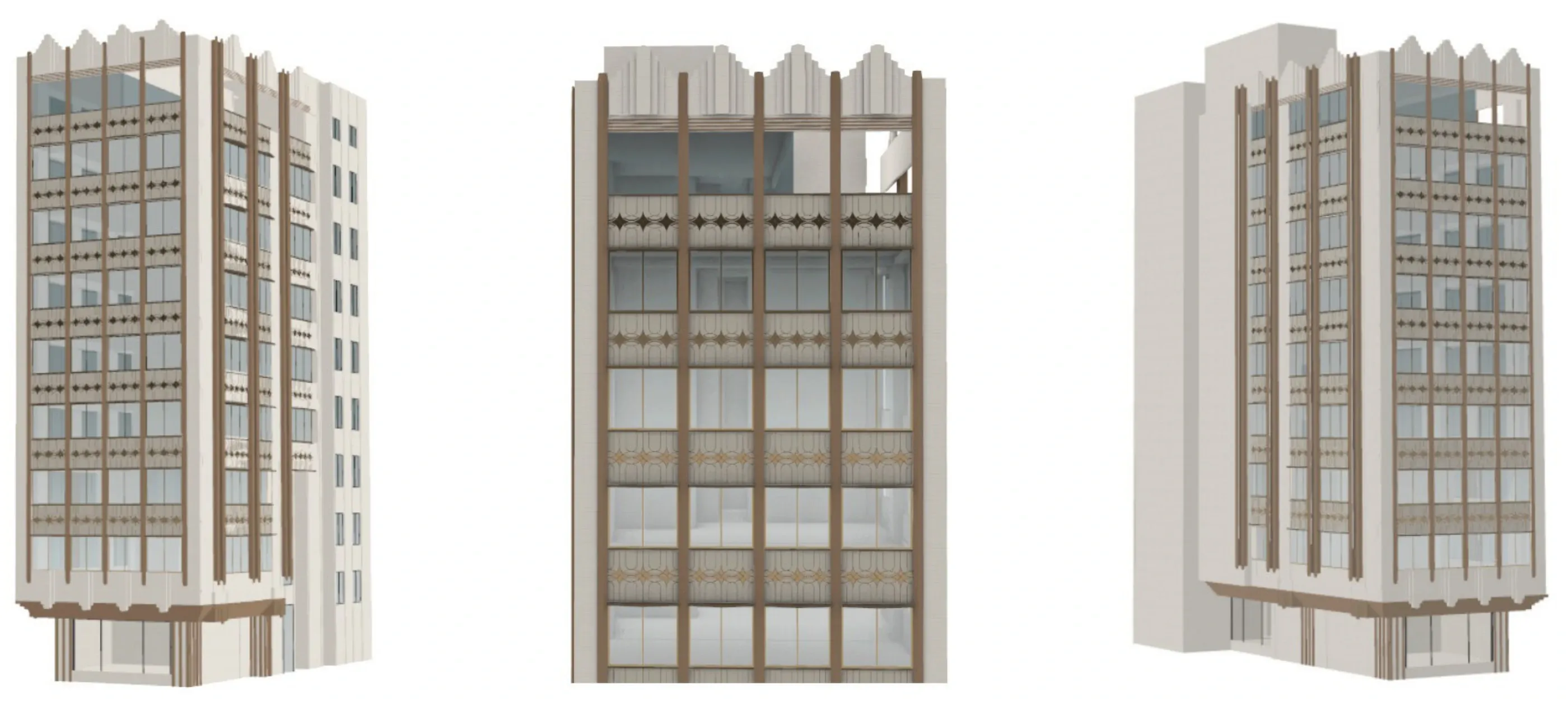 Three massing models of the building side by side, the façade growing more detailed from left to right