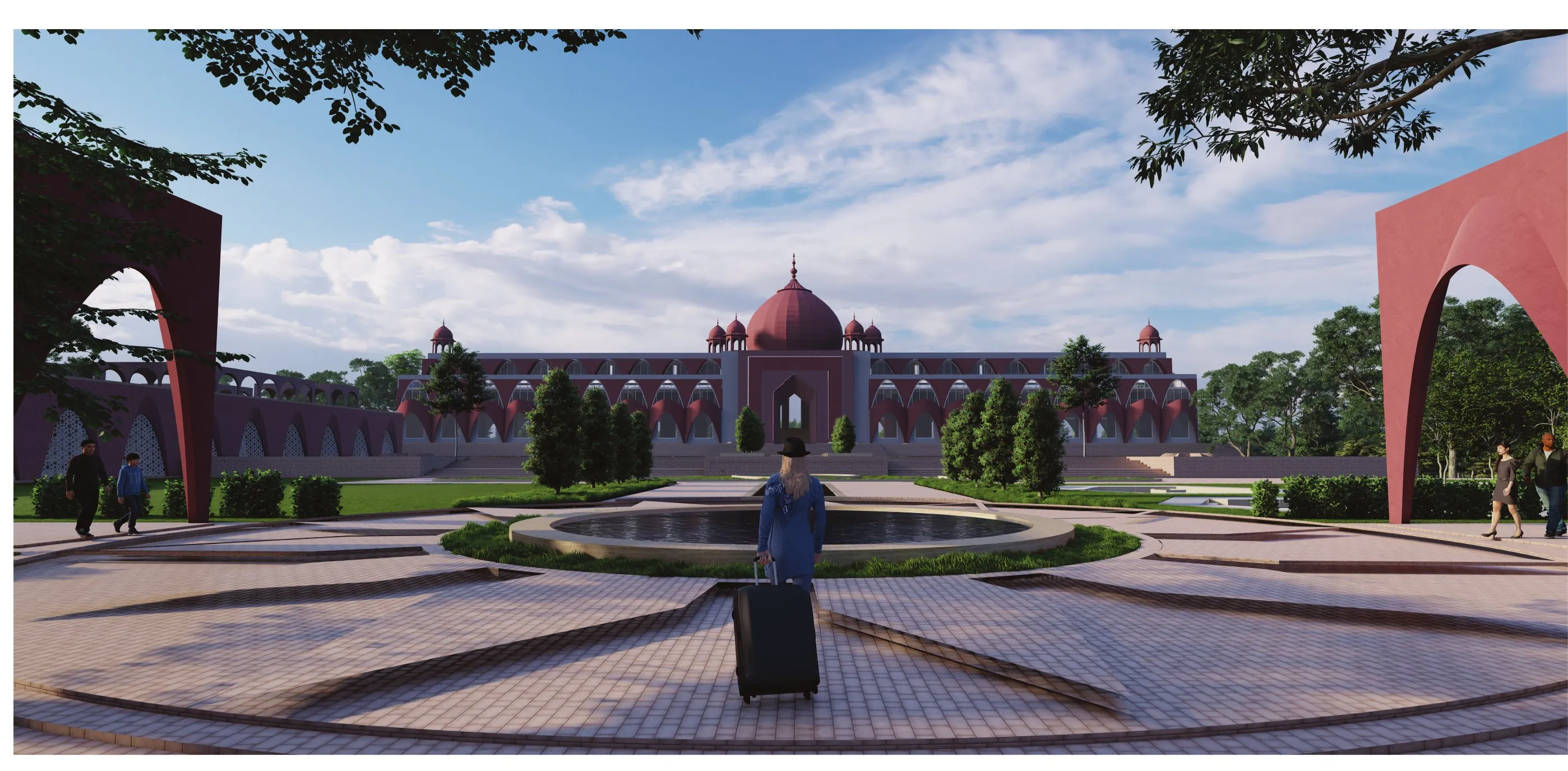 Render of the formal water court leading to the domed hotel block