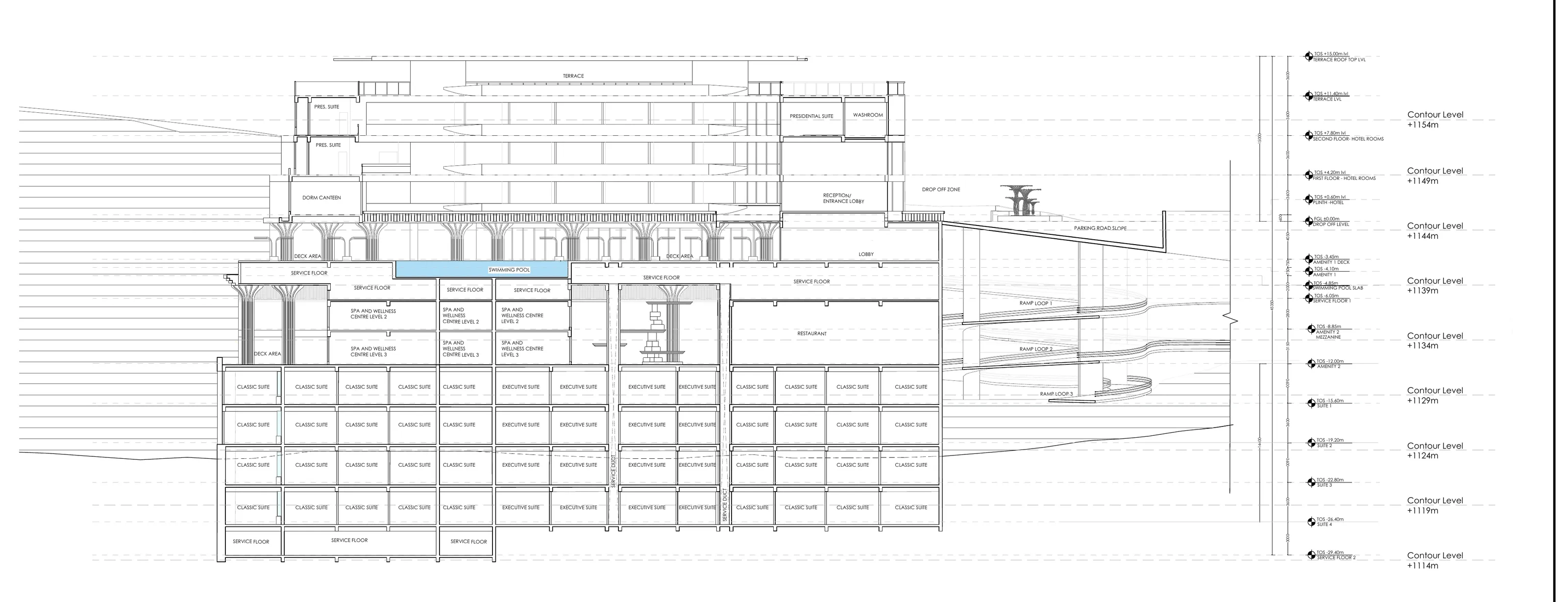 Long section through the hotel block, suites, spa levels and parking ramps against the contour levels