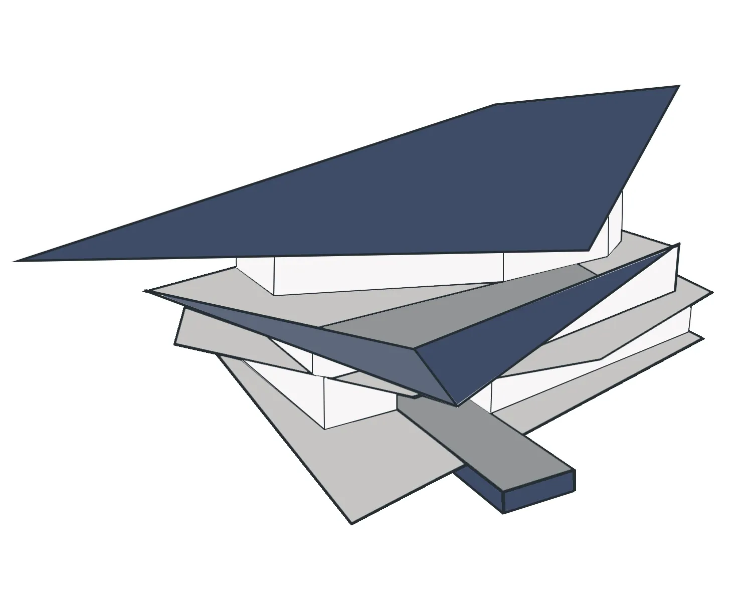 Massing diagram showing angular roof planes layered over the floor plates