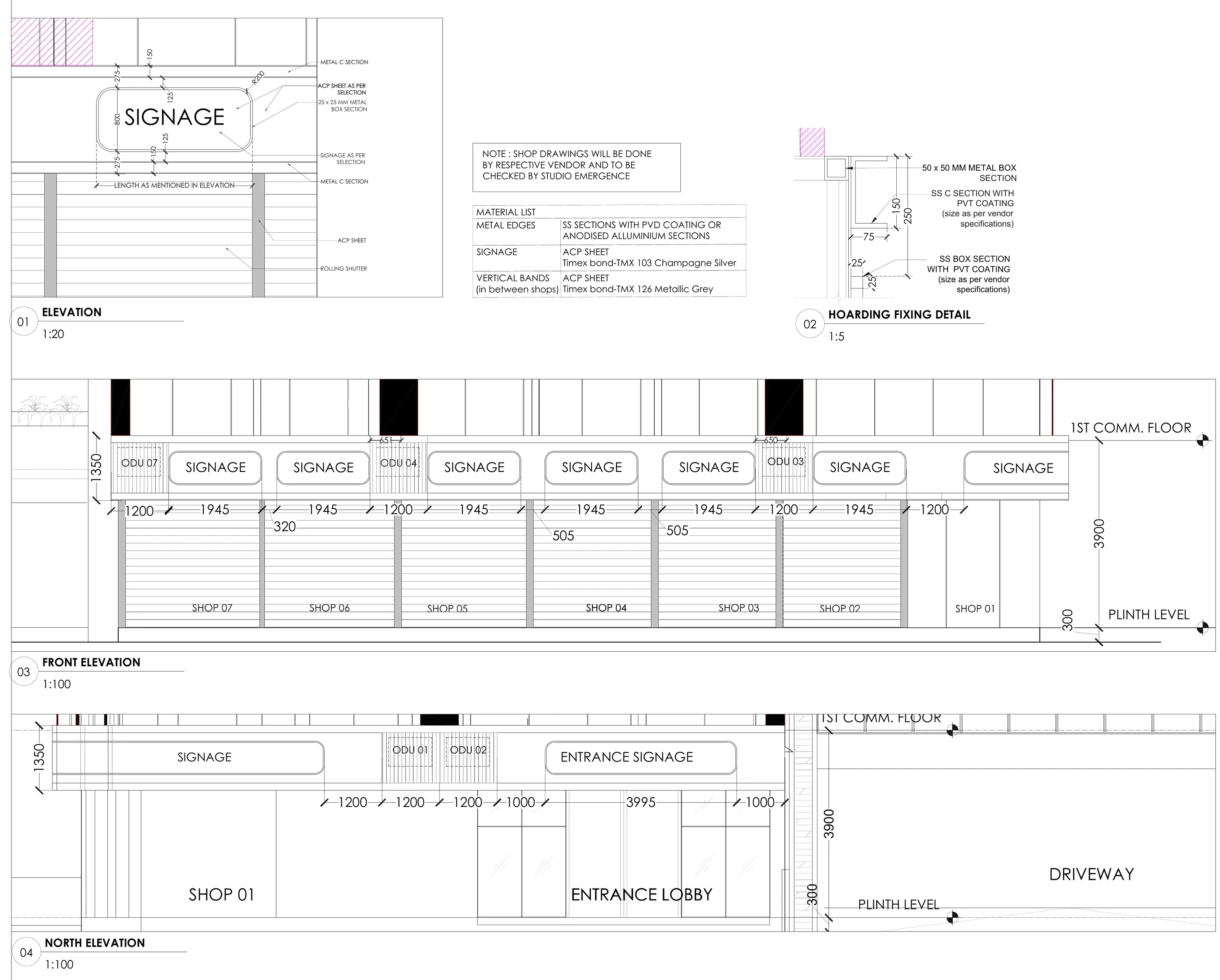 Signage elevation at 1:20, fixing detail at 1:5, and the front and north elevations of the shop fronts