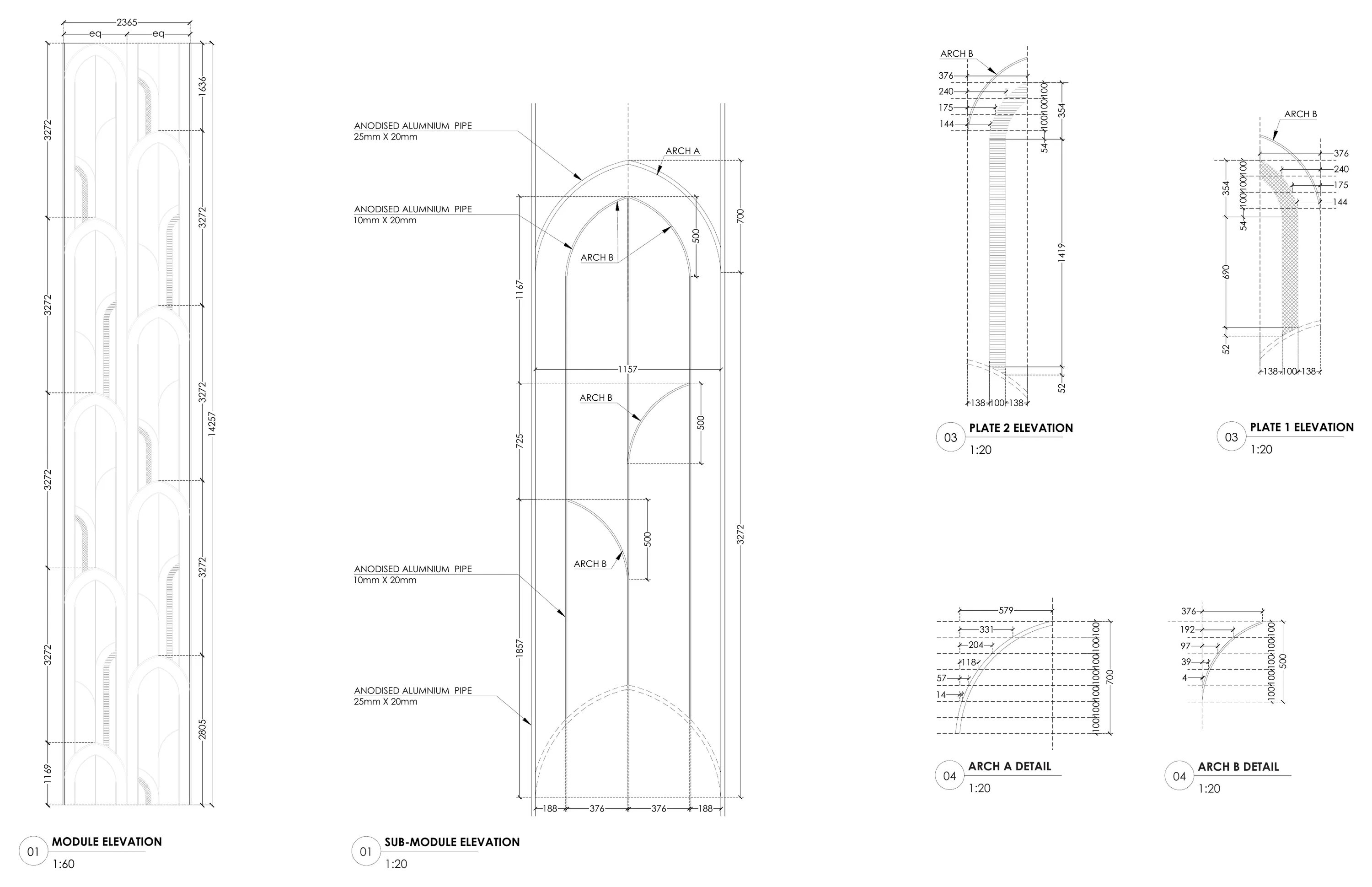 Module and sub-module elevations with arch plate details at 1:20