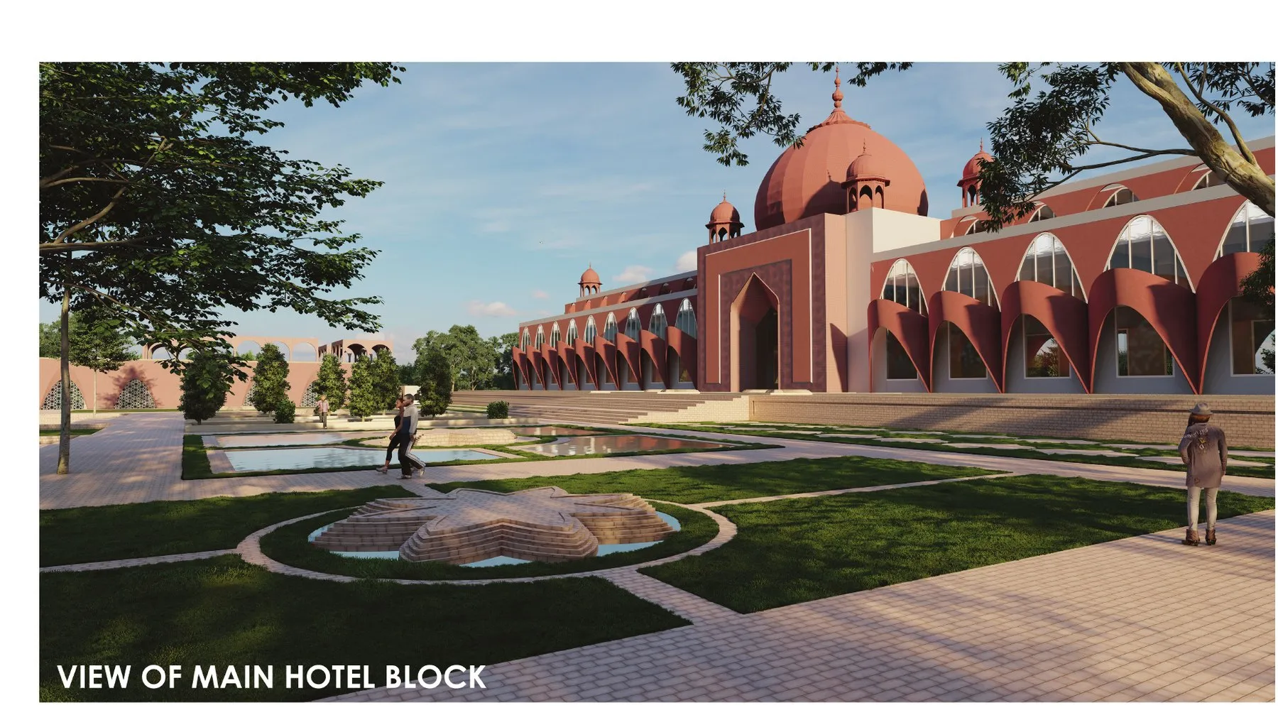 Render of the main hotel block, a long arcaded wing in pink stone beside a water channel