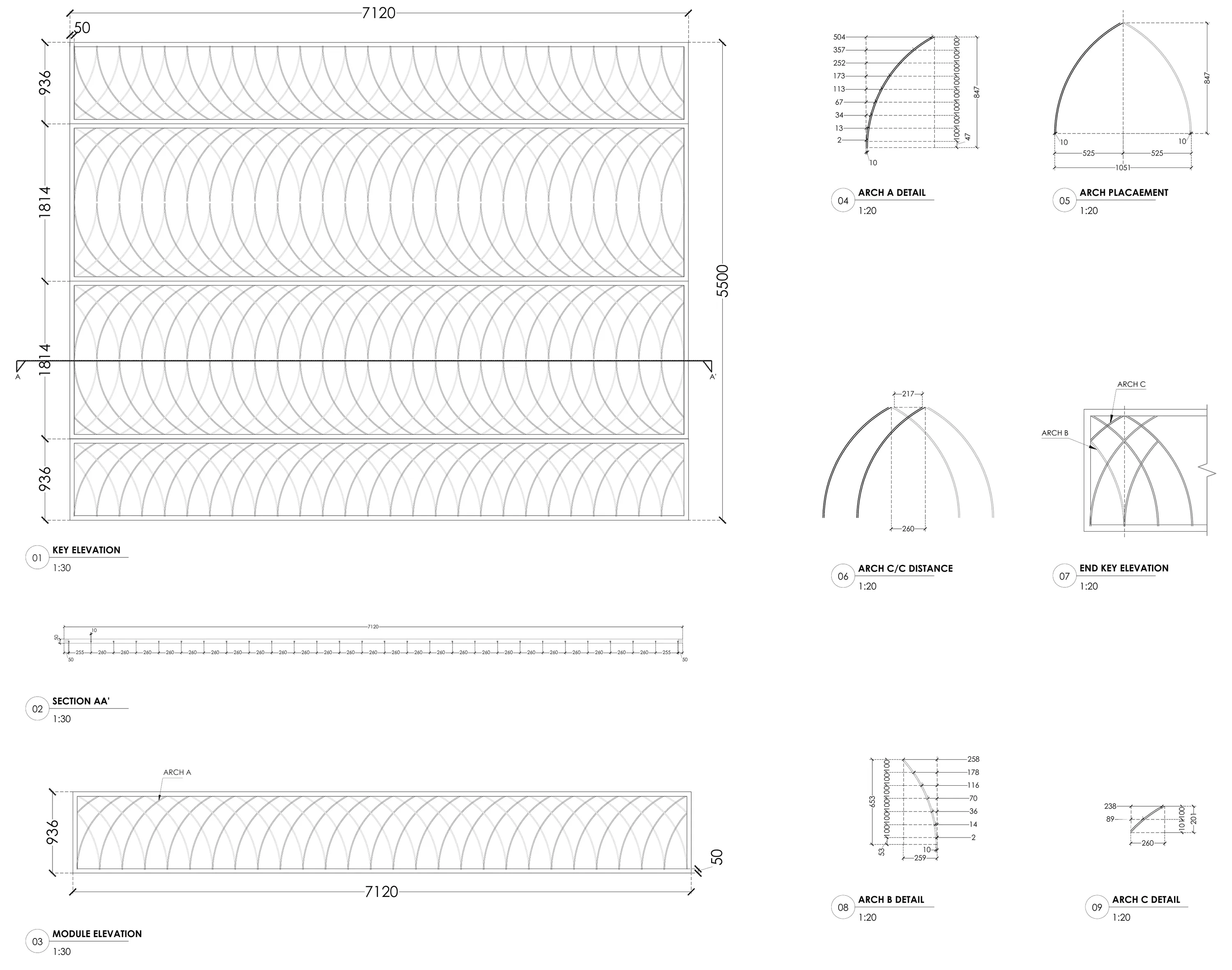 Key elevation, section and module elevation of the horizontal jaali band, part C