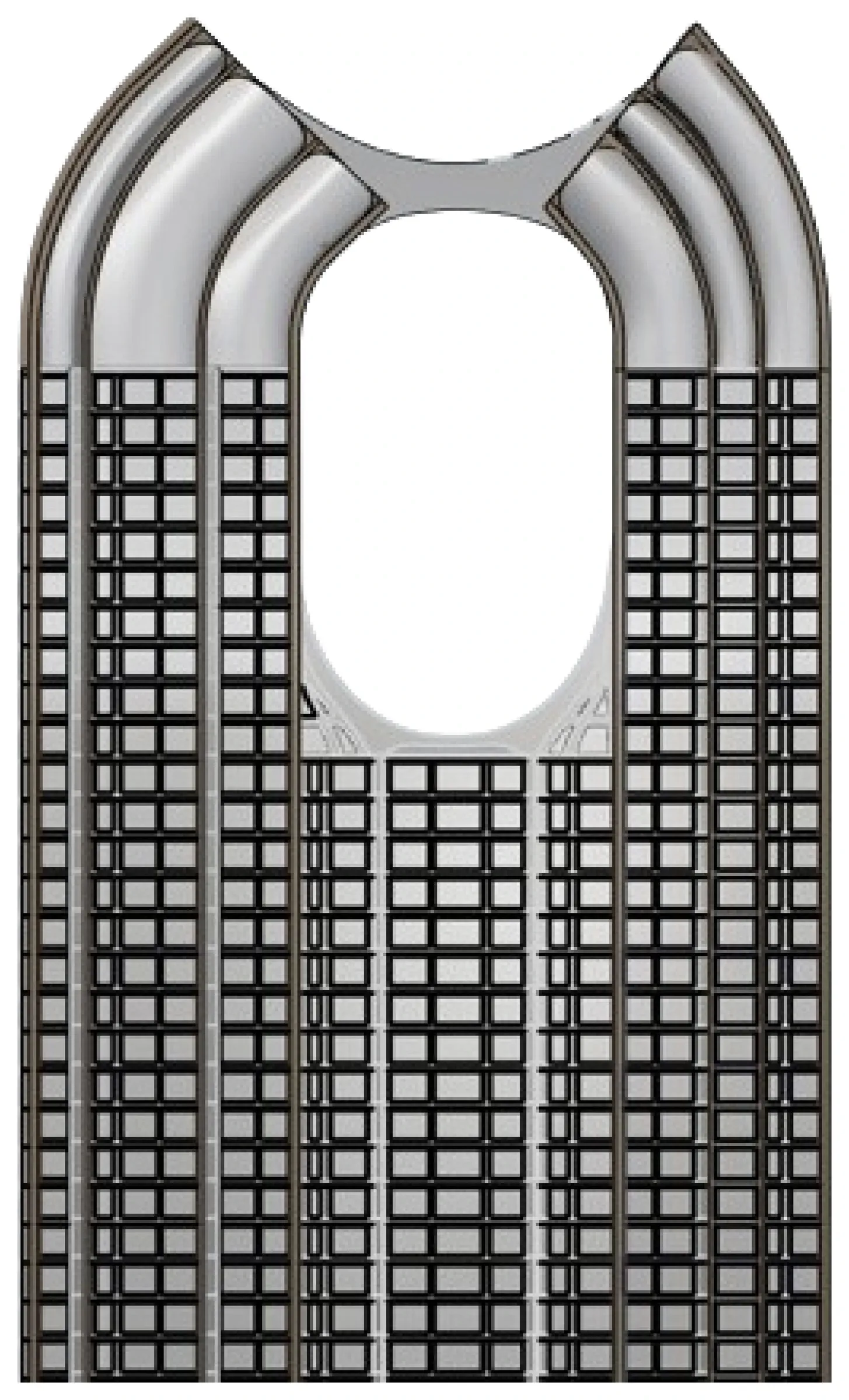 Massing option three, the two wings joined by curved crowns around an oval void