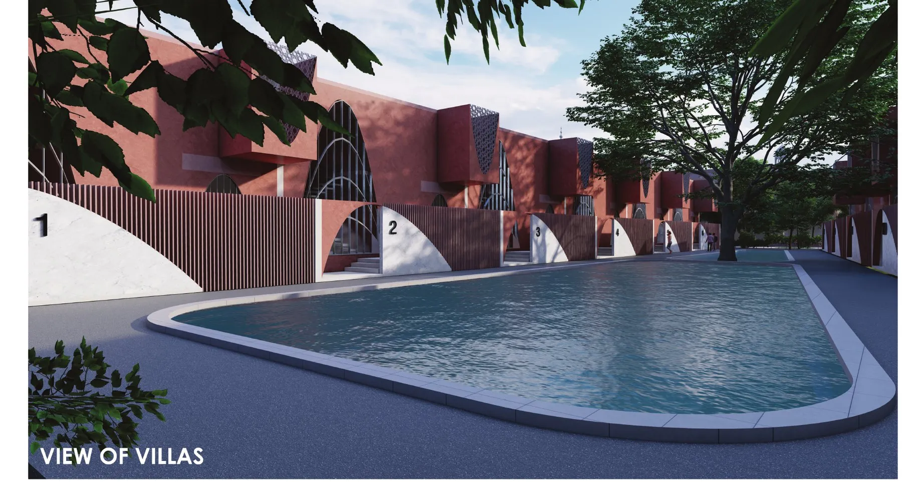 Render of the villa pool overlooked by scalloped arches in pink stone