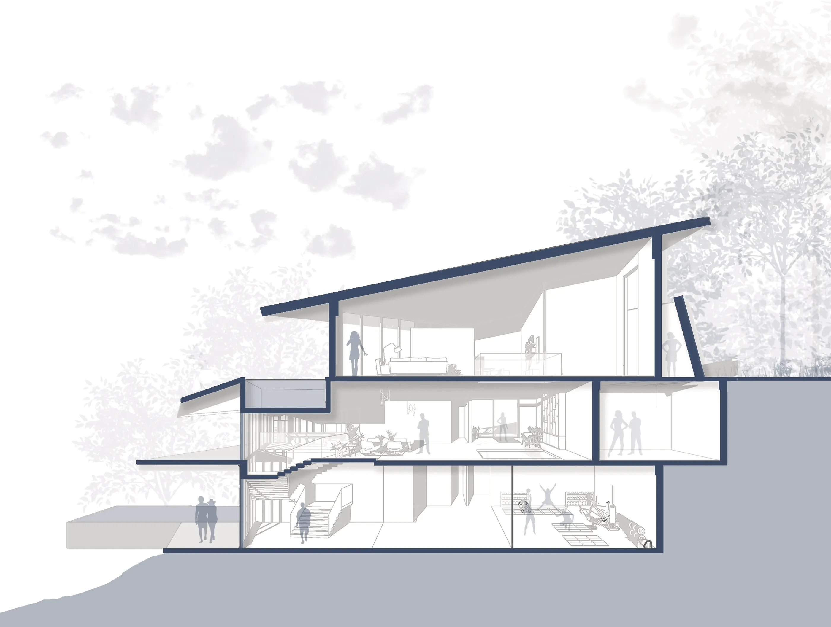 Section through the house showing three levels stepping down the cliff face with the angular roof above