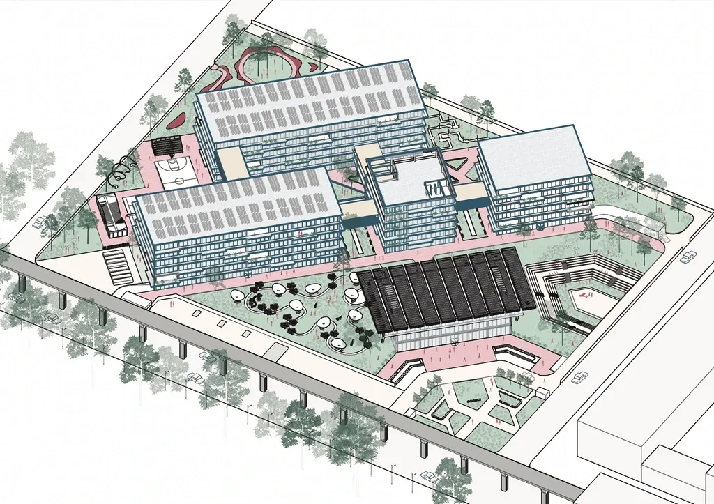Isometric drawing of the whole campus with roof planting and the sports ground