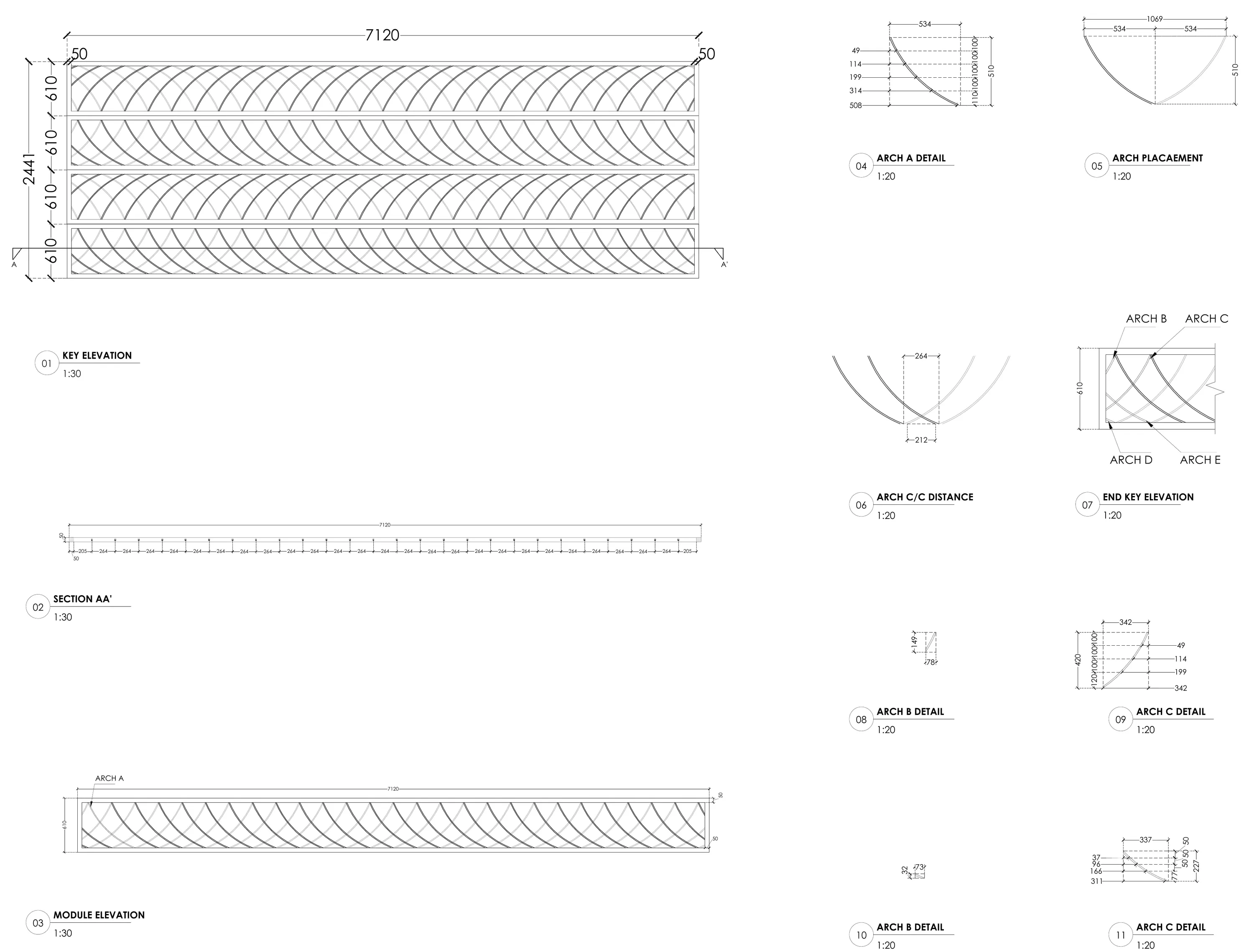 Arch details A to E, centre distances and end key elevation for part C