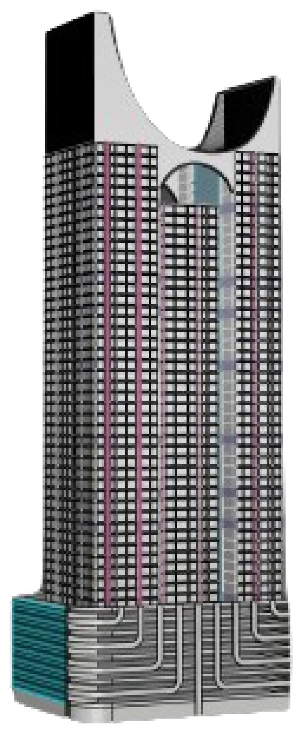 Massing option four, a three-dimensional model of the joined-crown tower on its podium