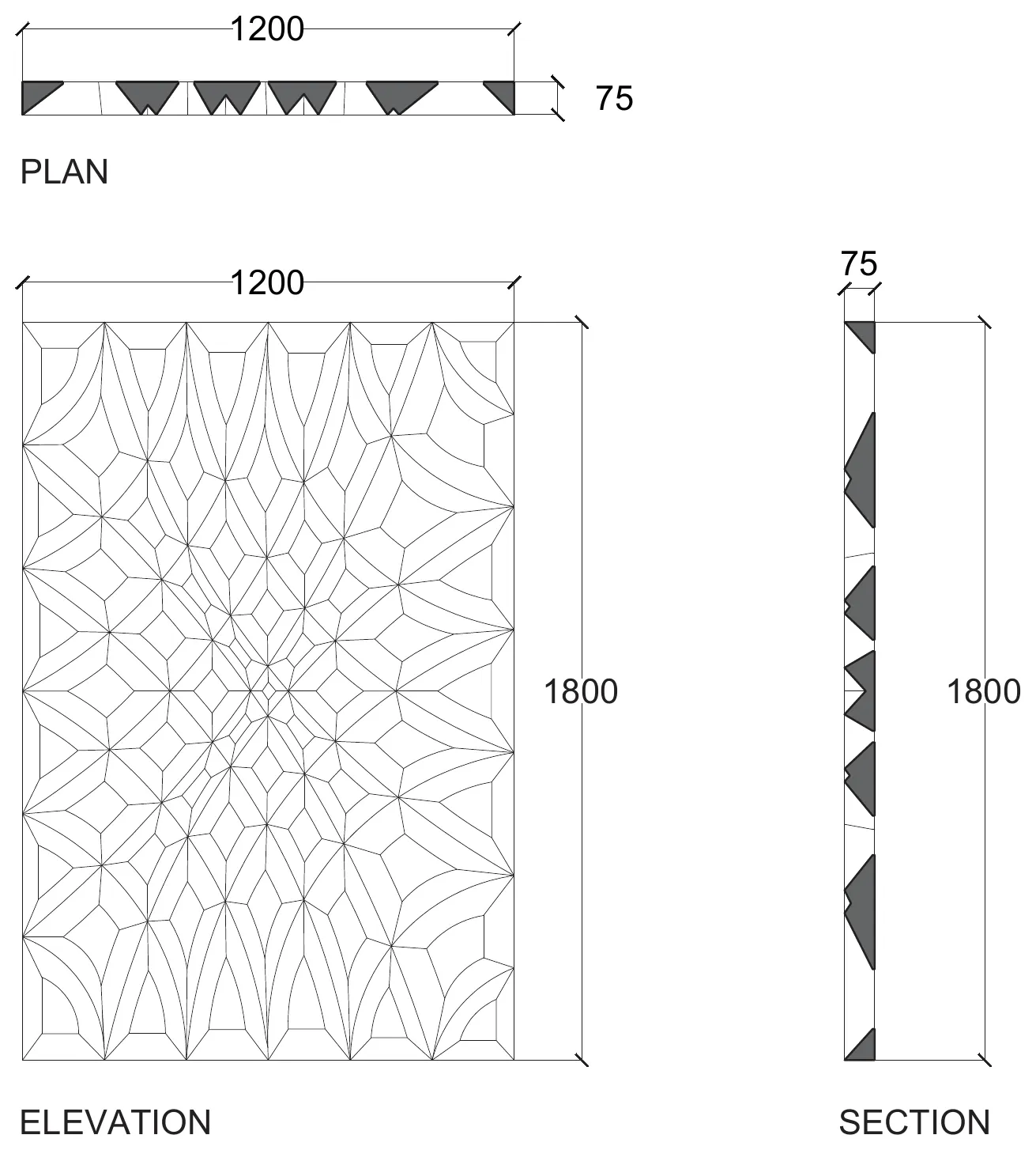Plan, elevation and section of one 1,200 by 1,800 mm panel, 75 mm thick