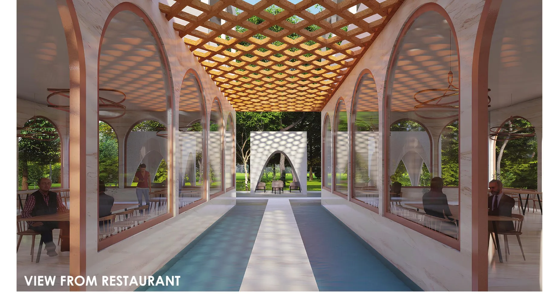 Render from the restaurant looking along a colonnade beside the water