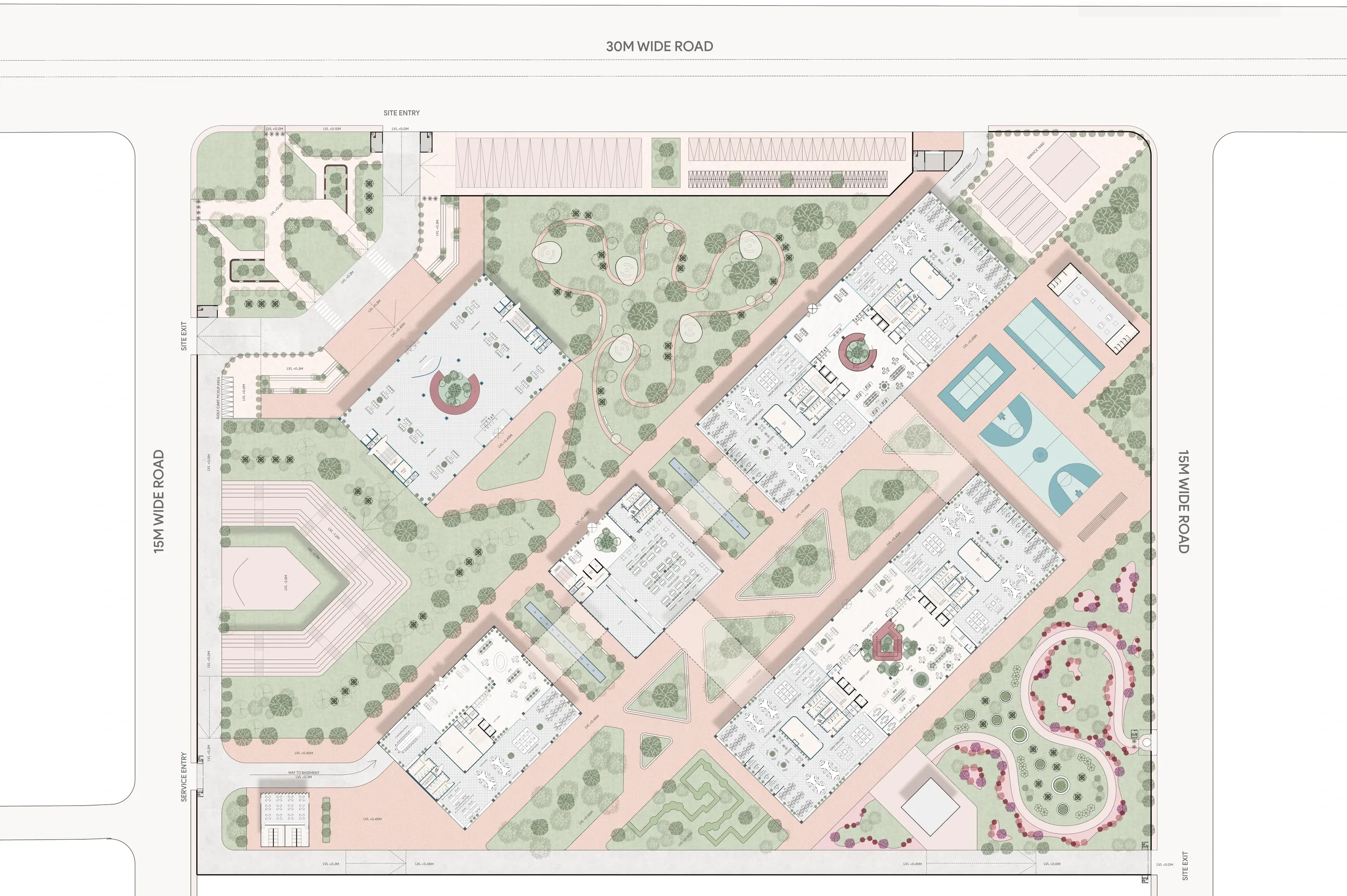 Site plan of the campus showing buildings, courtyards, sports ground and planting