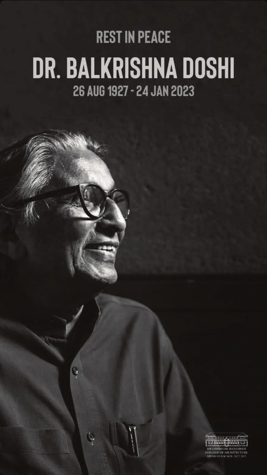 Memorial poster for architect Dr. Balkrishna Doshi in black and white