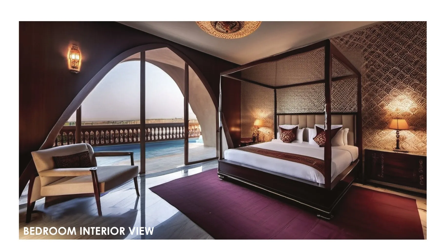 Render of a guest bedroom with a four-poster bed against a patterned wall, an arched opening onto a balcony and the pool beyond