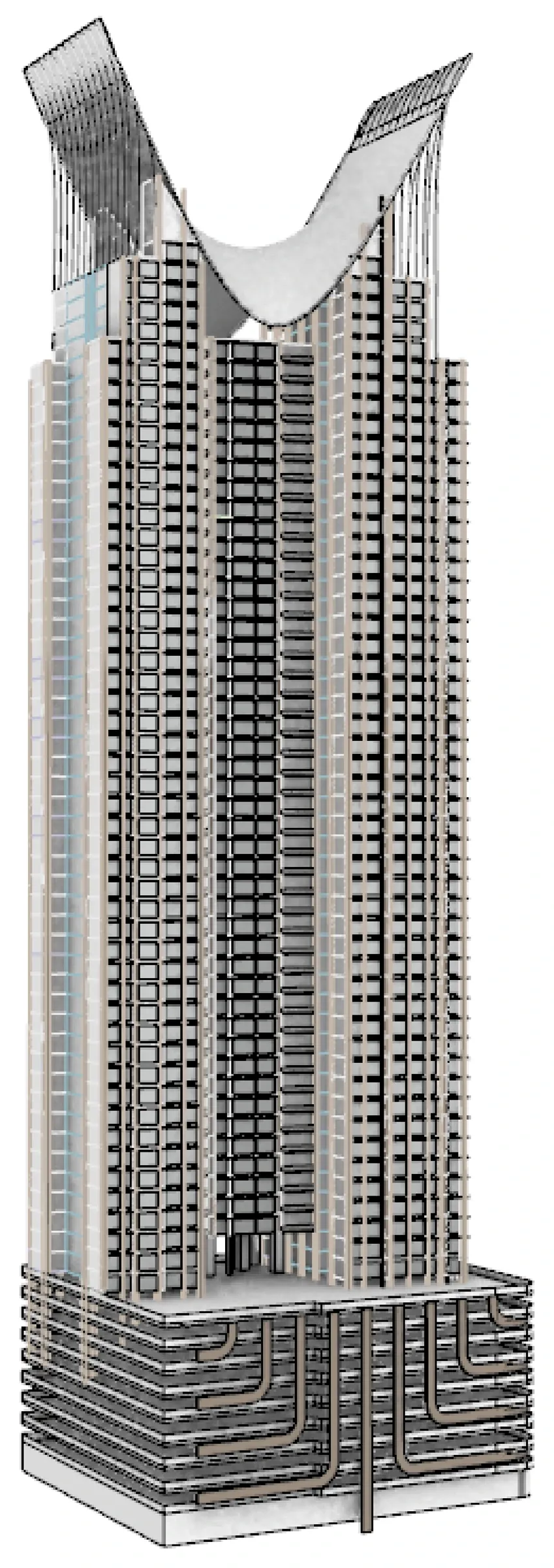 Massing option six, the side wings redesigned with balconies and terraces on the upper floors