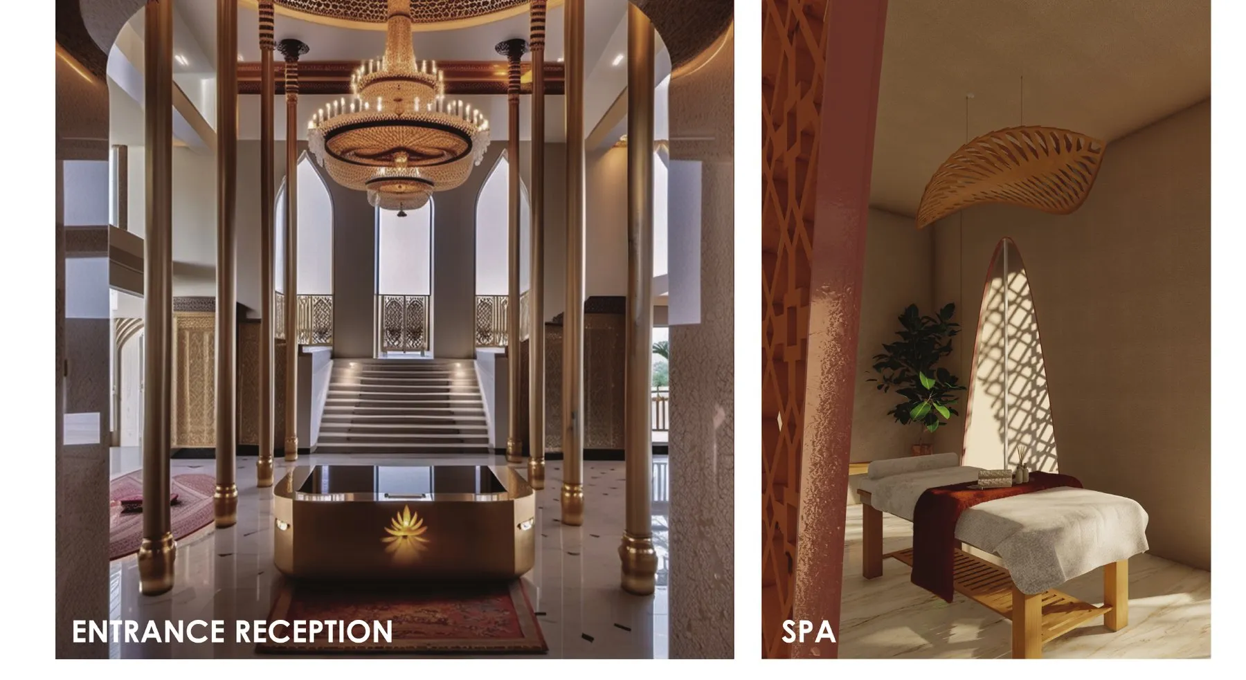 Render of the entrance reception with a chandelier, and of a spa treatment room