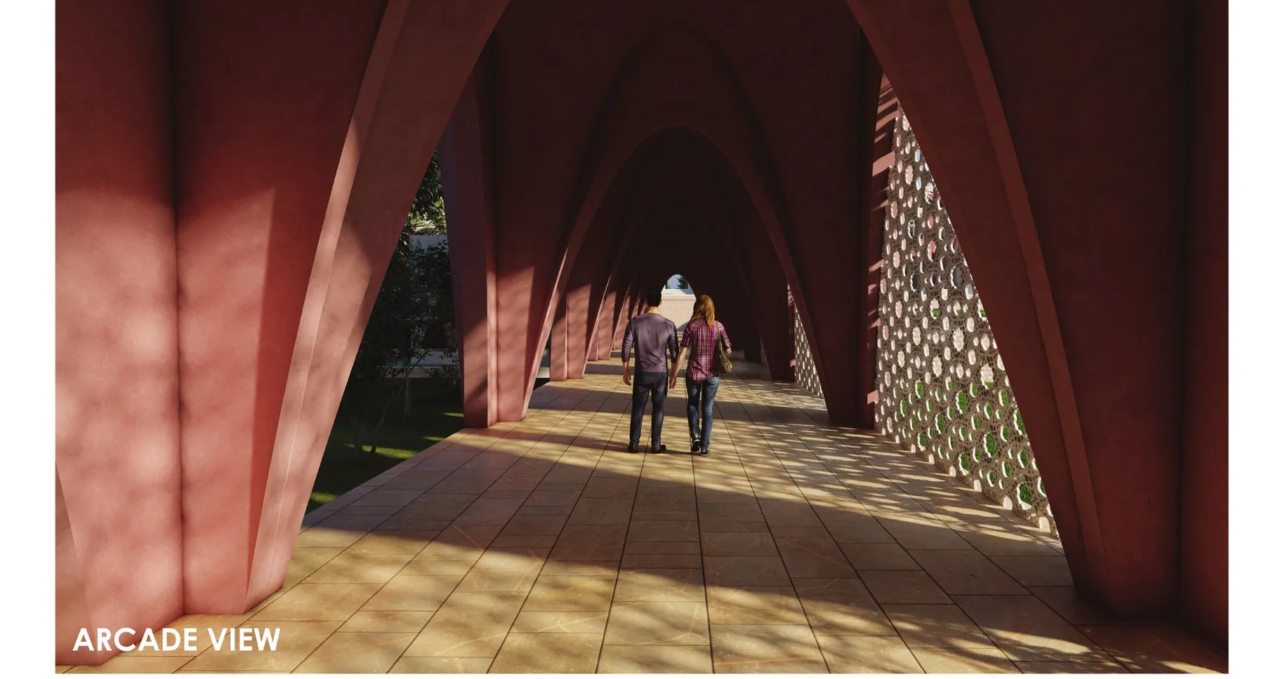 Render of a long arcade of pink arches with perforated screens along one side